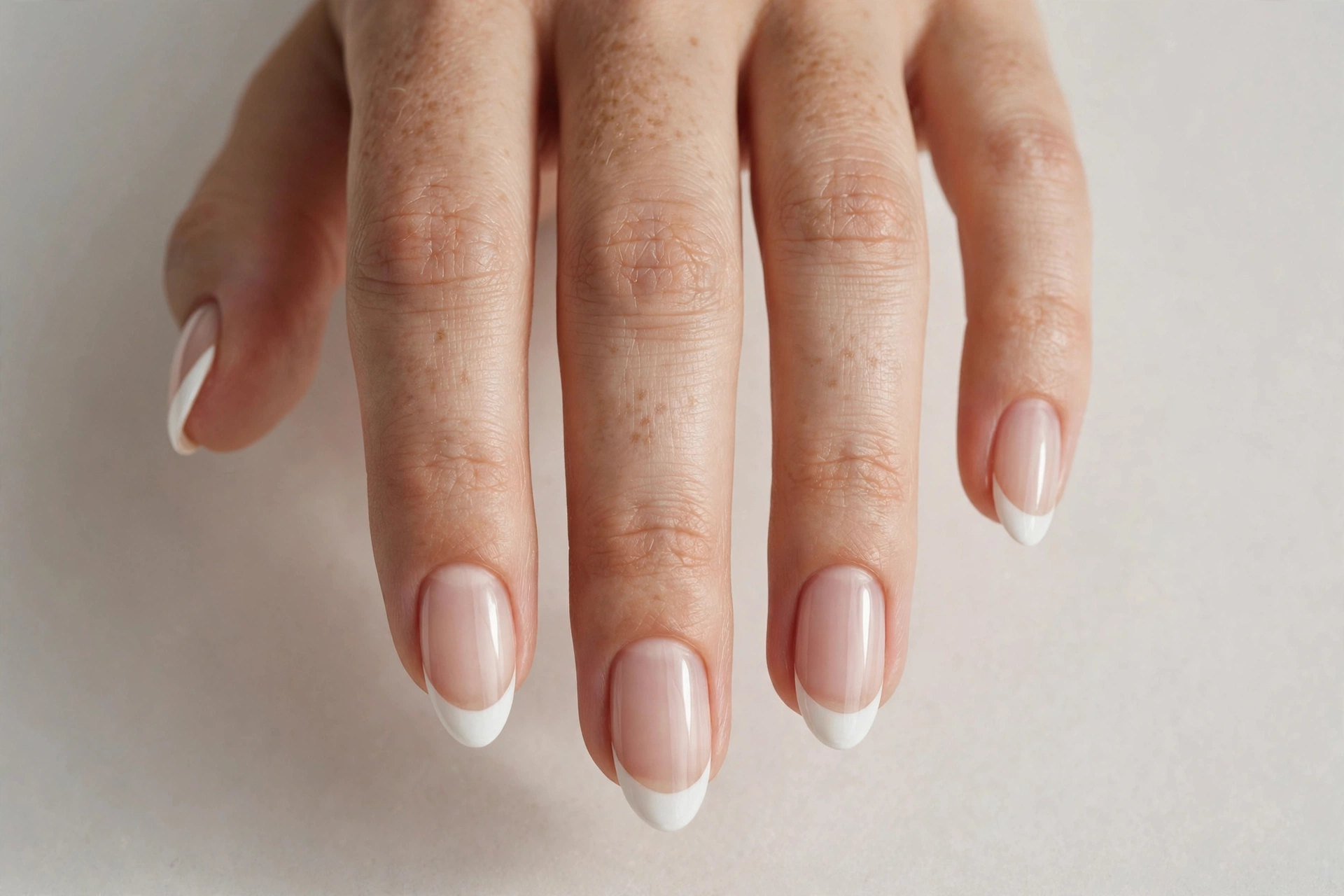 Classic french tip white nail varnish manicure on almond shaped nails
