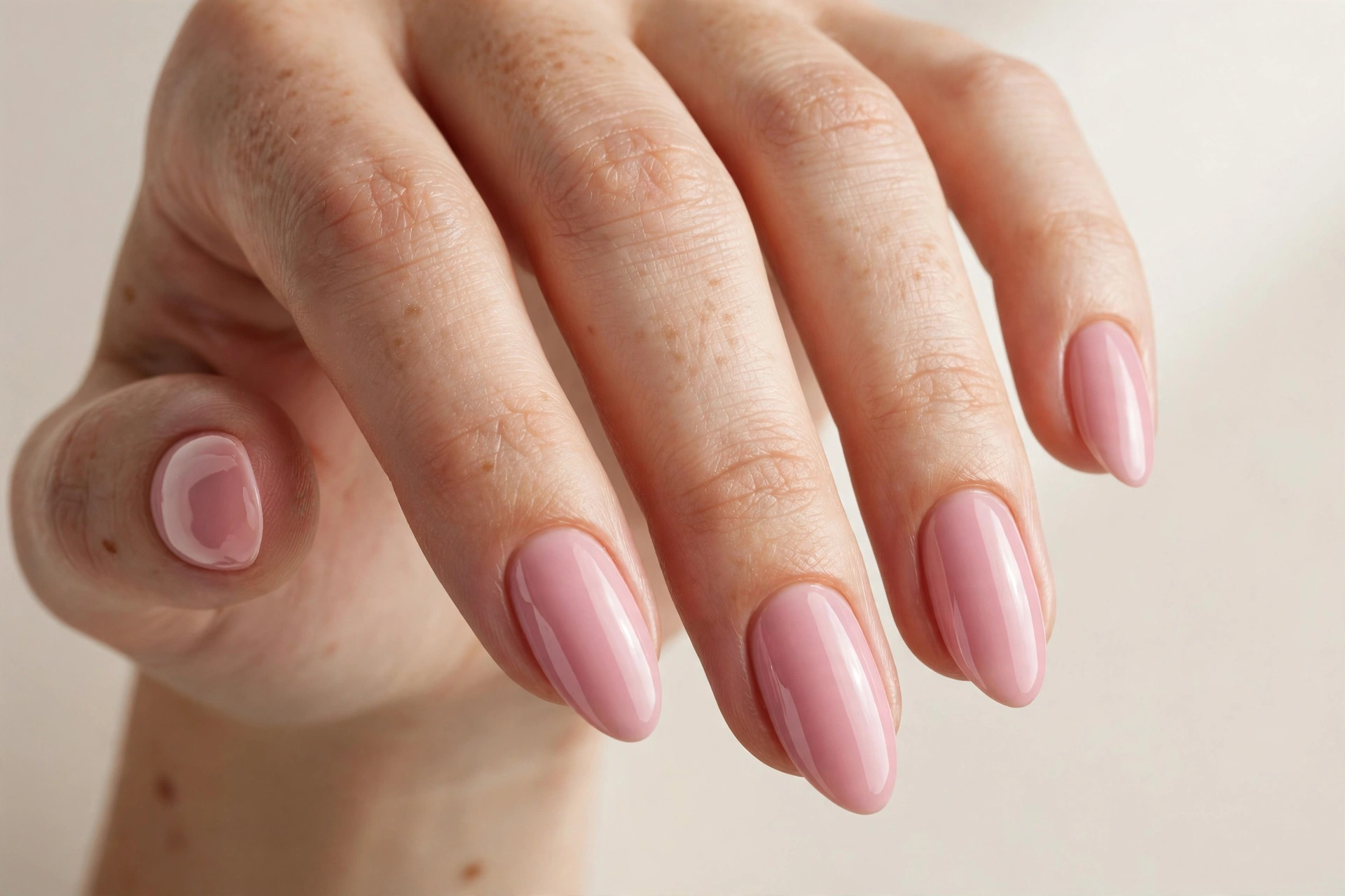 Soft pink ballet slipper nail varnish manicure on almond shaped nails