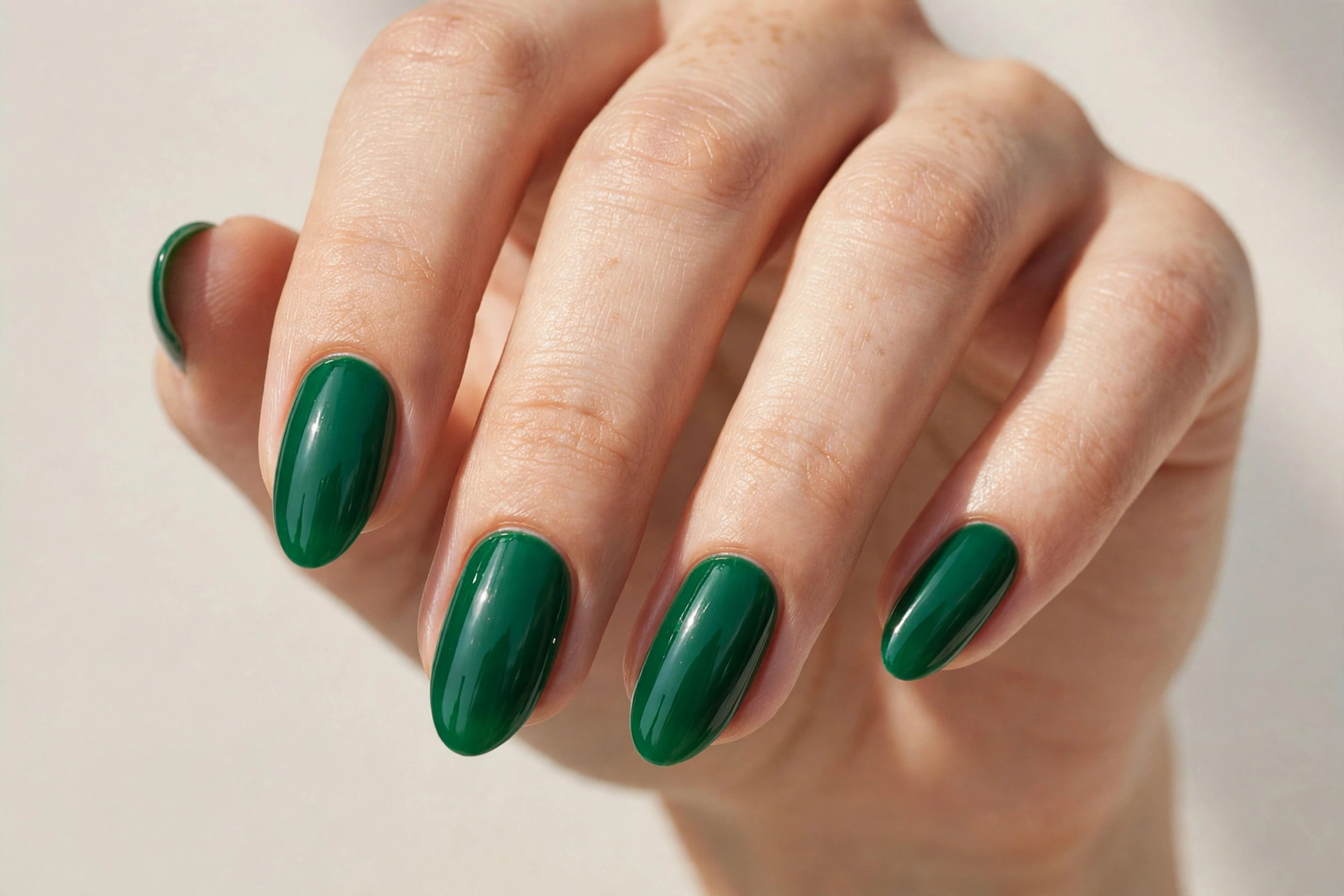 Emerald green nail varnish manicure on almond shaped nails