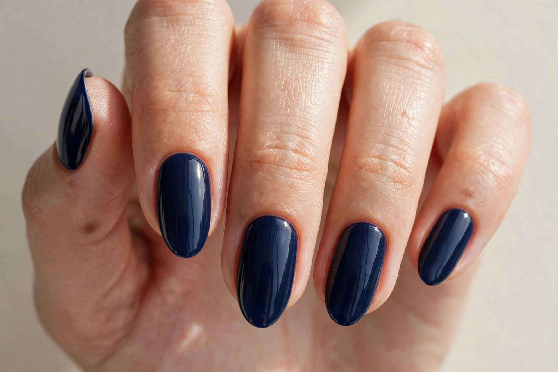 Deep navy blue nail varnish manicure on almond shaped nails
