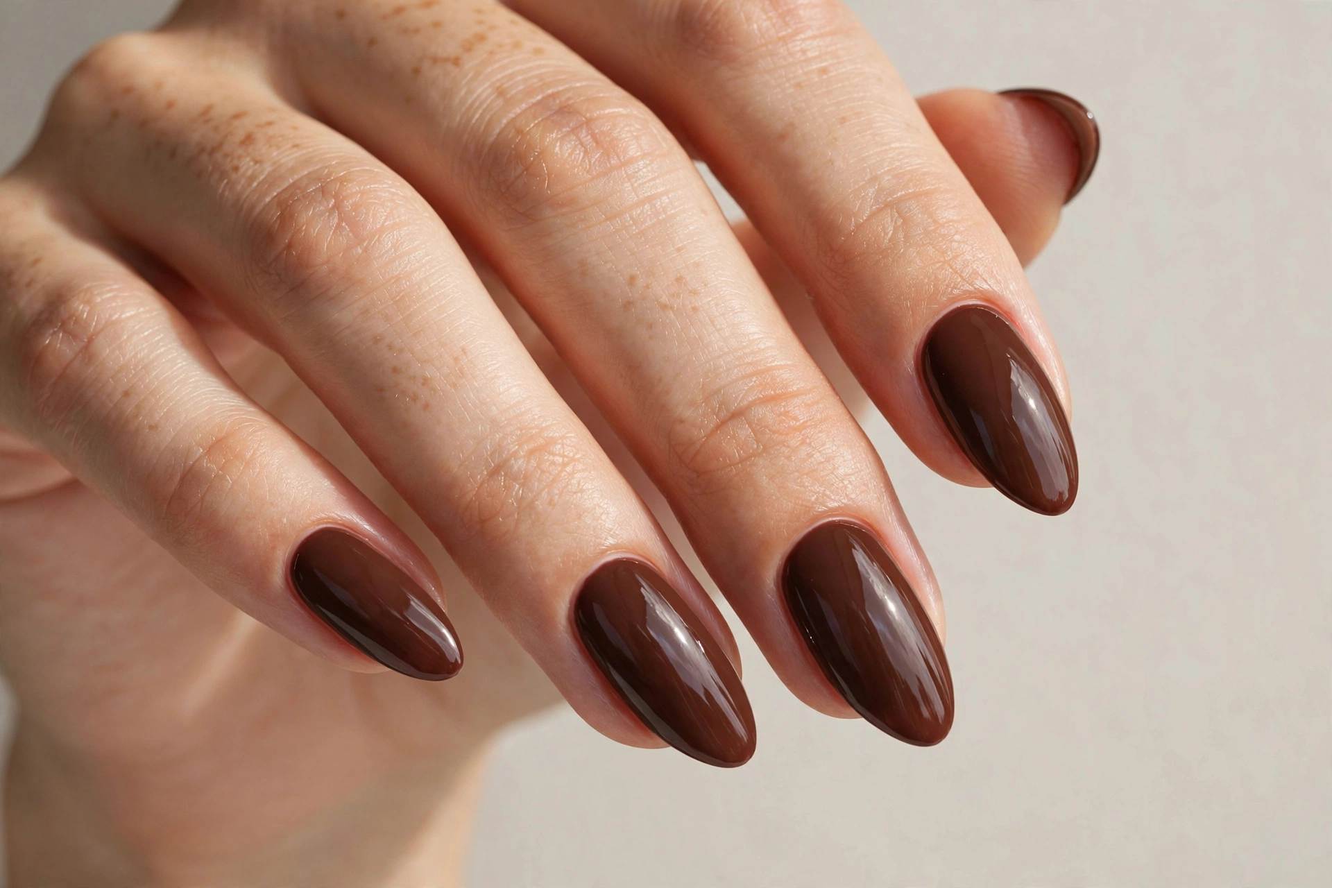 Rich chocolate brown nail varnish manicure on almond shaped nails