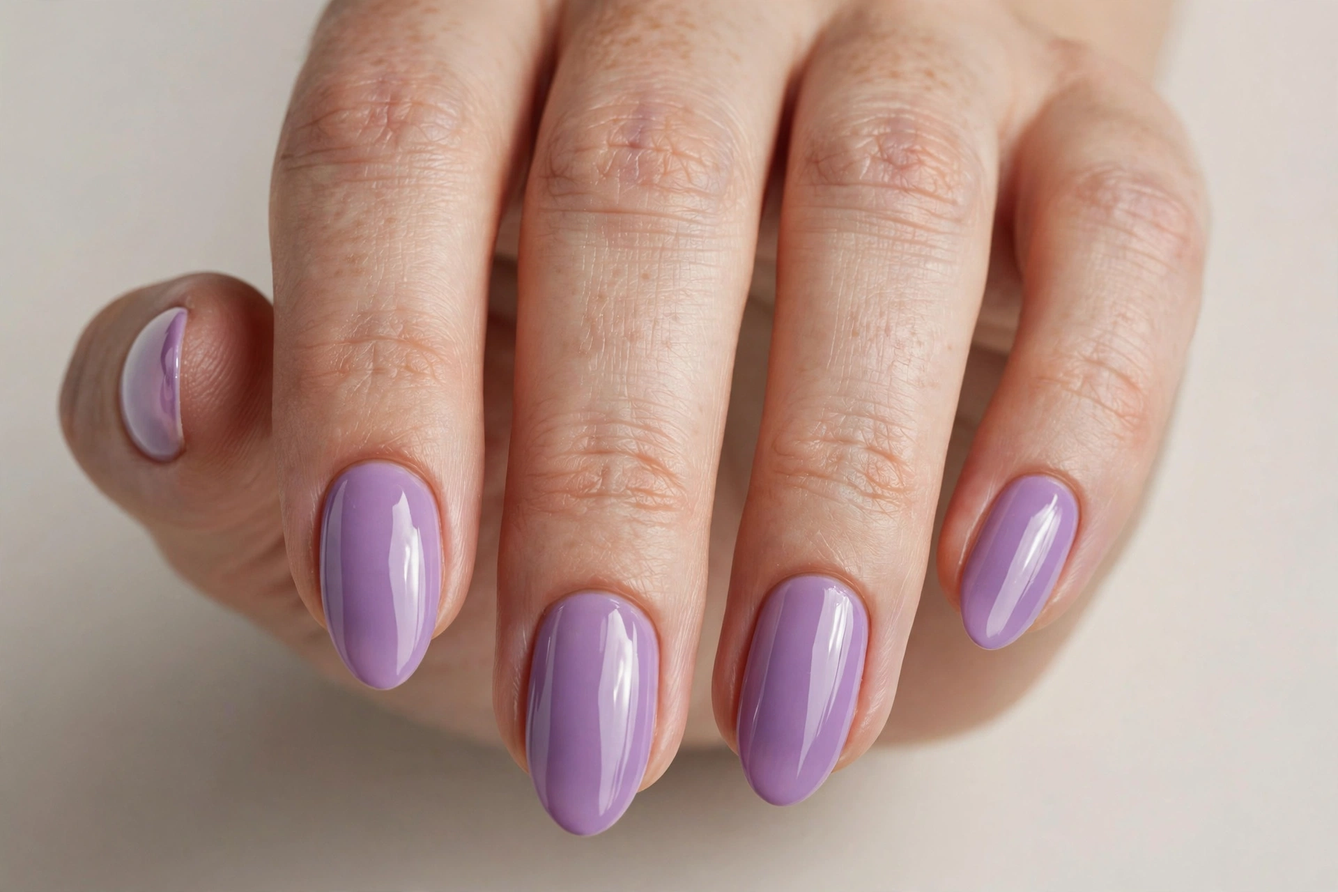 Delicate lilac purple nail varnish manicure on almond shaped nails
