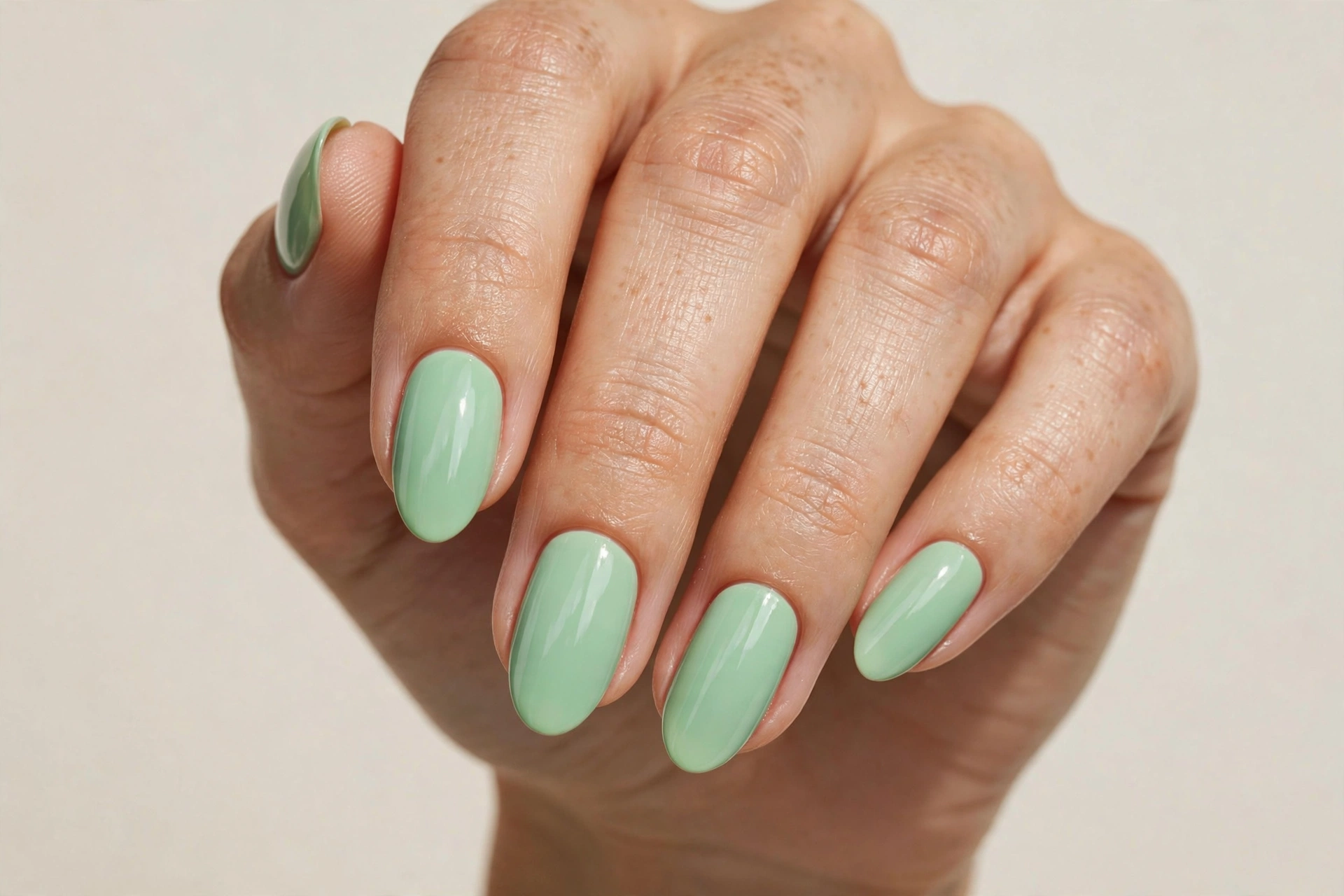 Fresh mint green nail varnish manicure on almond shaped nails