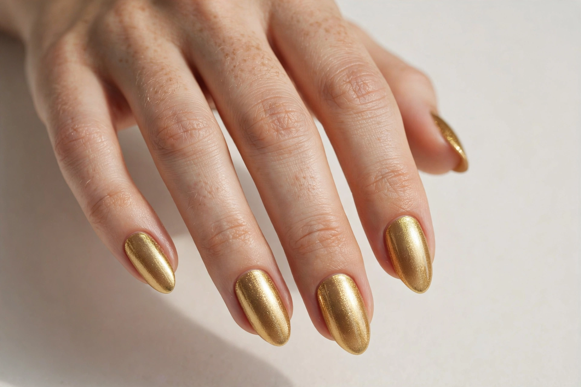 Shimmering gold metallic nail varnish manicure on almond shaped nails