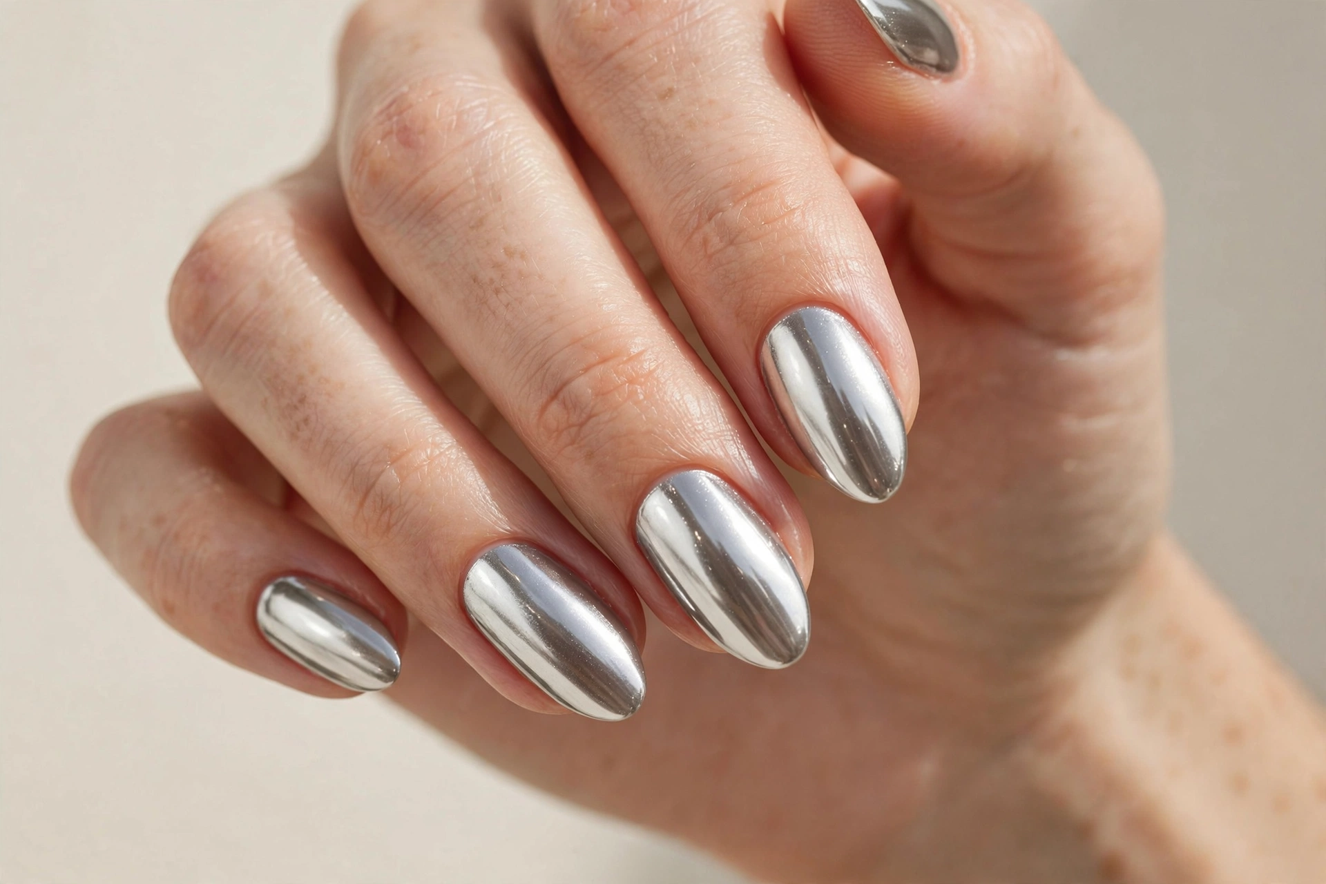 Reflective silver chrome nail varnish manicure on almond shaped nails
