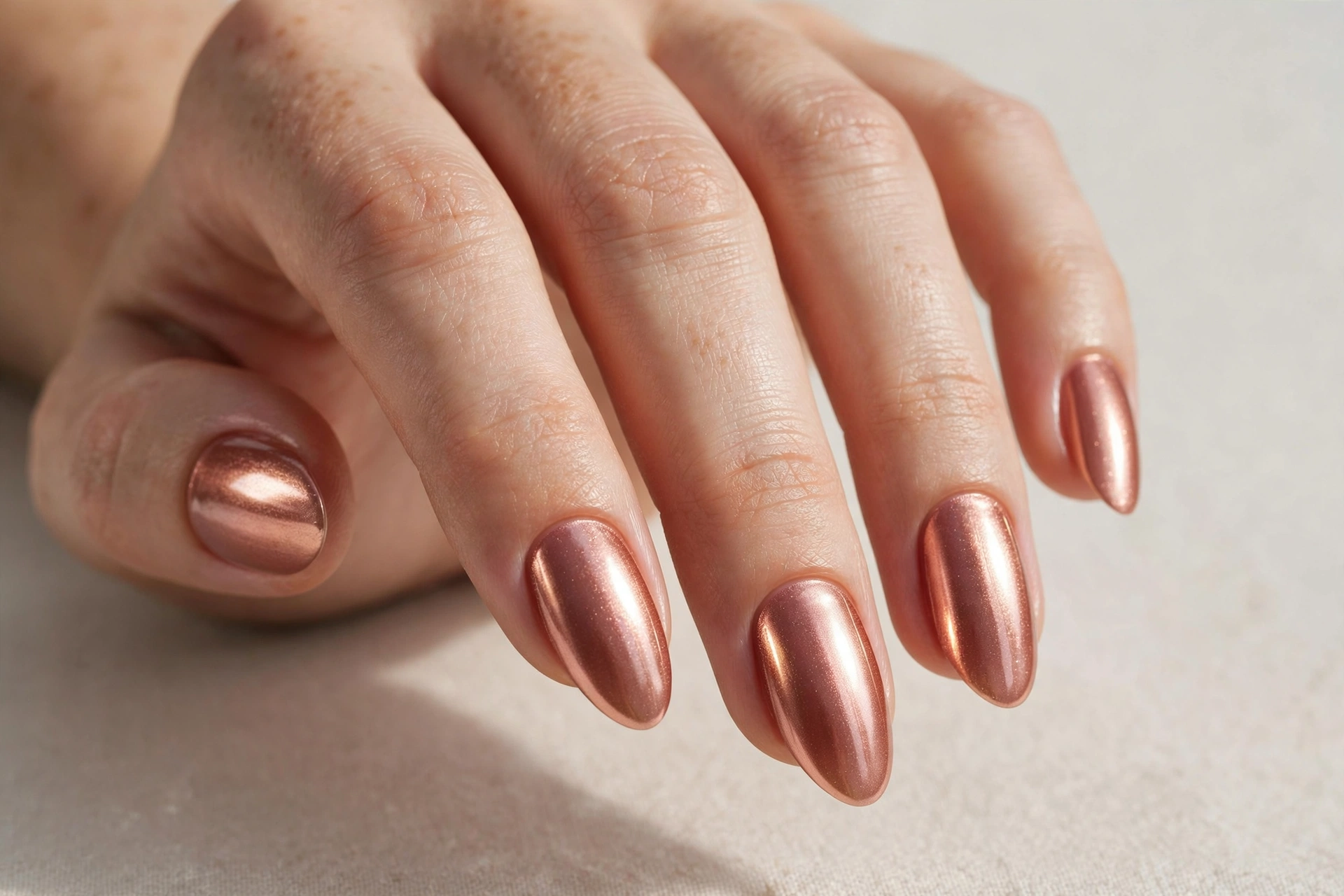 Elegant rose gold metallic nail varnish manicure on almond shaped nails