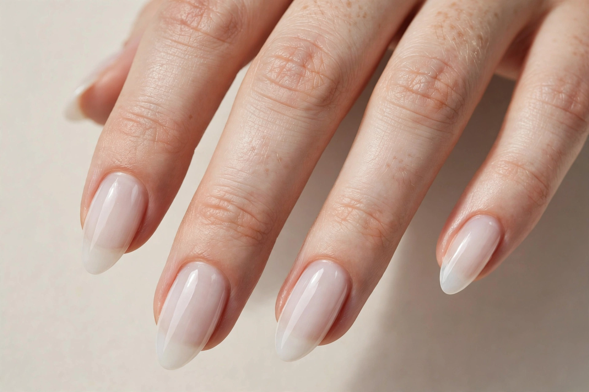 Sheer milky white nail varnish manicure on almond shaped nails