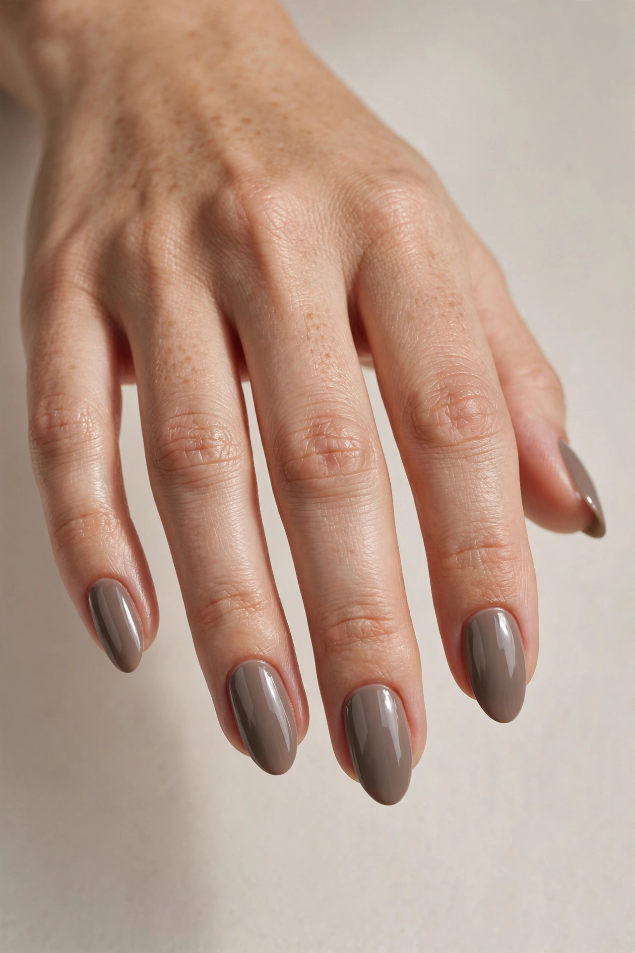 Warm gray taupe nail varnish manicure on almond shaped nails