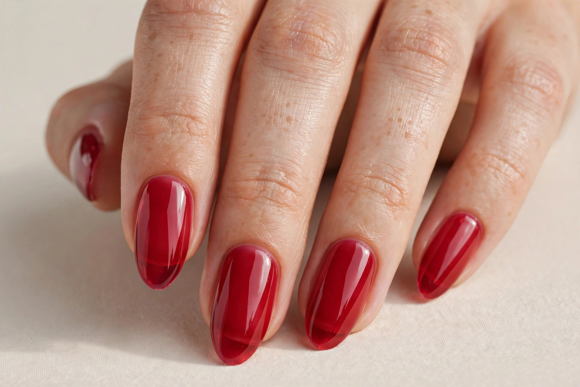 Cherry red jelly nail varnish manicure on almond shaped nails
