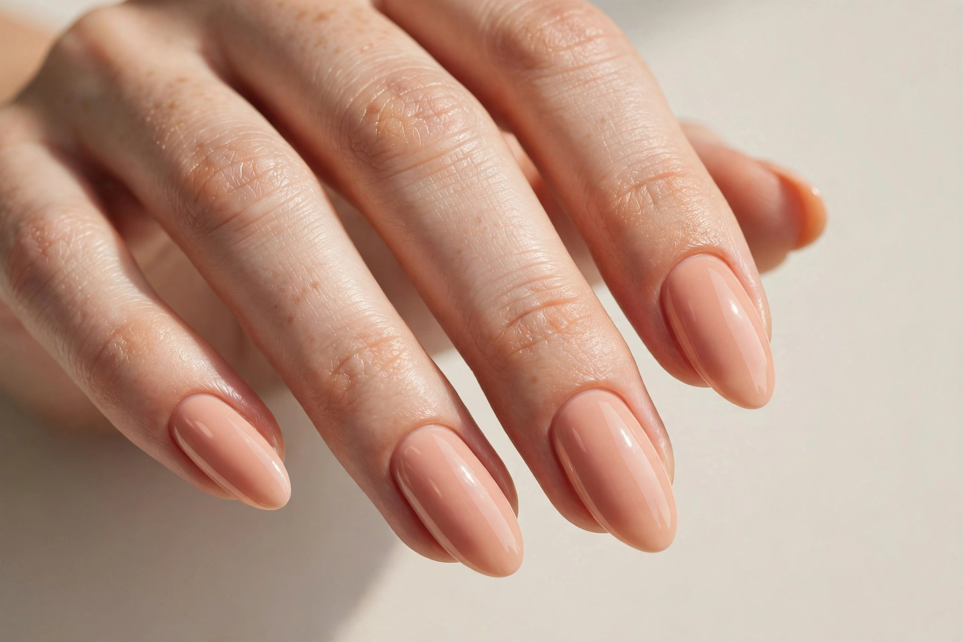 Soft peach nude nail varnish manicure on almond shaped nails