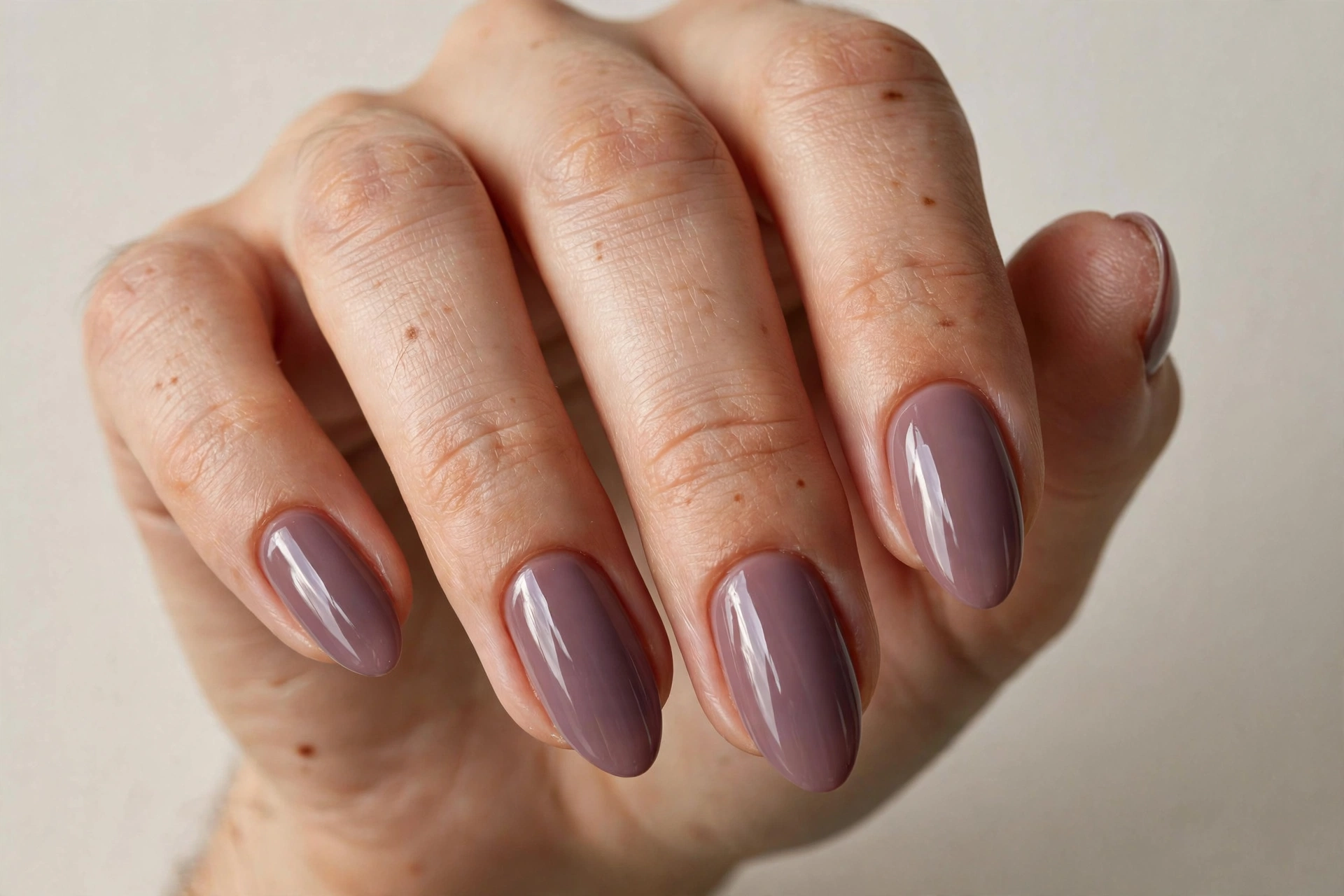 Muted mauve nail varnish manicure on almond shaped nails