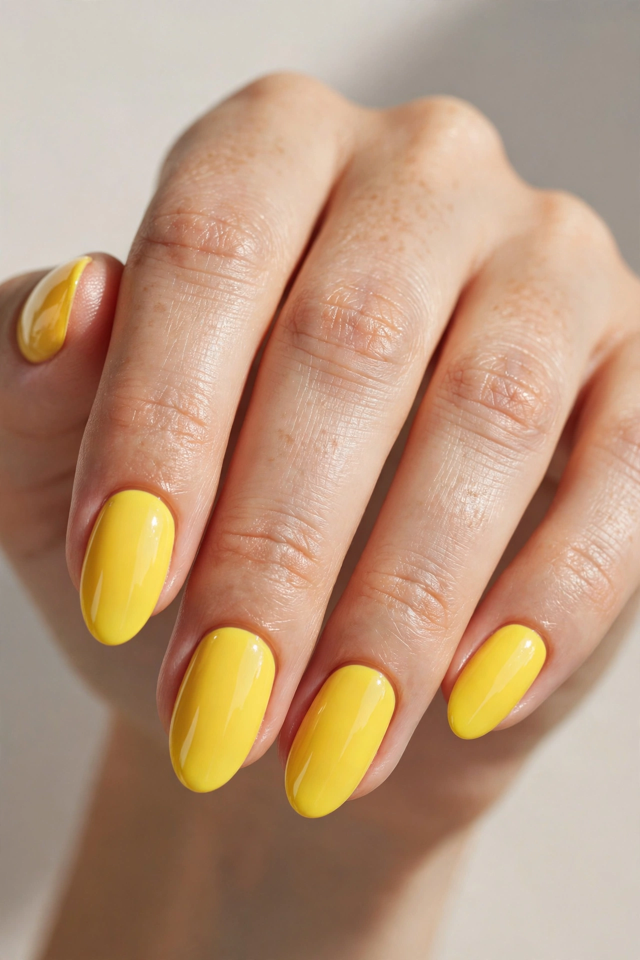 Bright sunny yellow nail varnish manicure on almond shaped nails