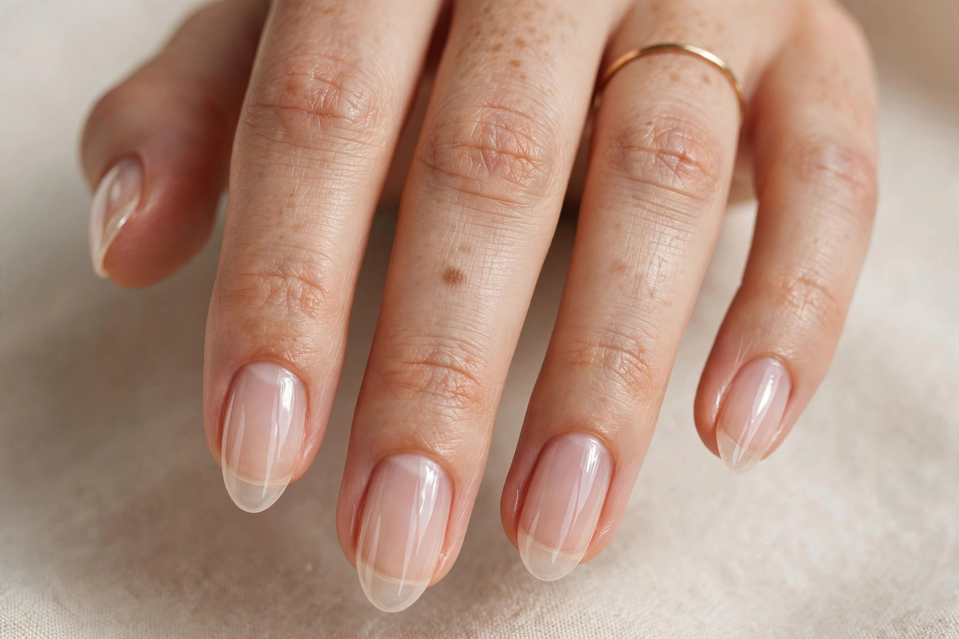 Clear glossy natural nail manicure with top coat shine on almond shaped nails