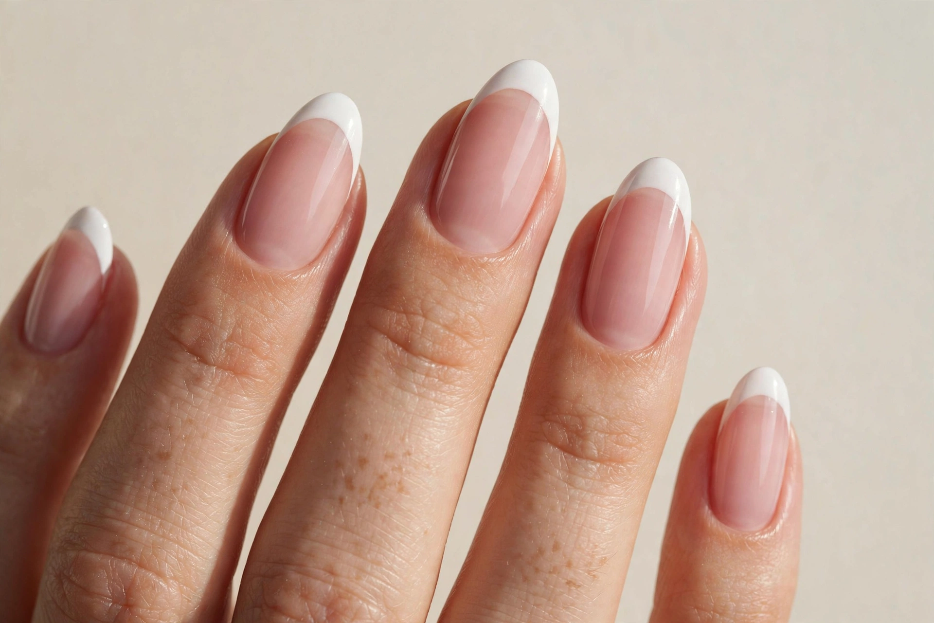 Close-up of a woman's hand with classic white French tip nails on a sheer pink base