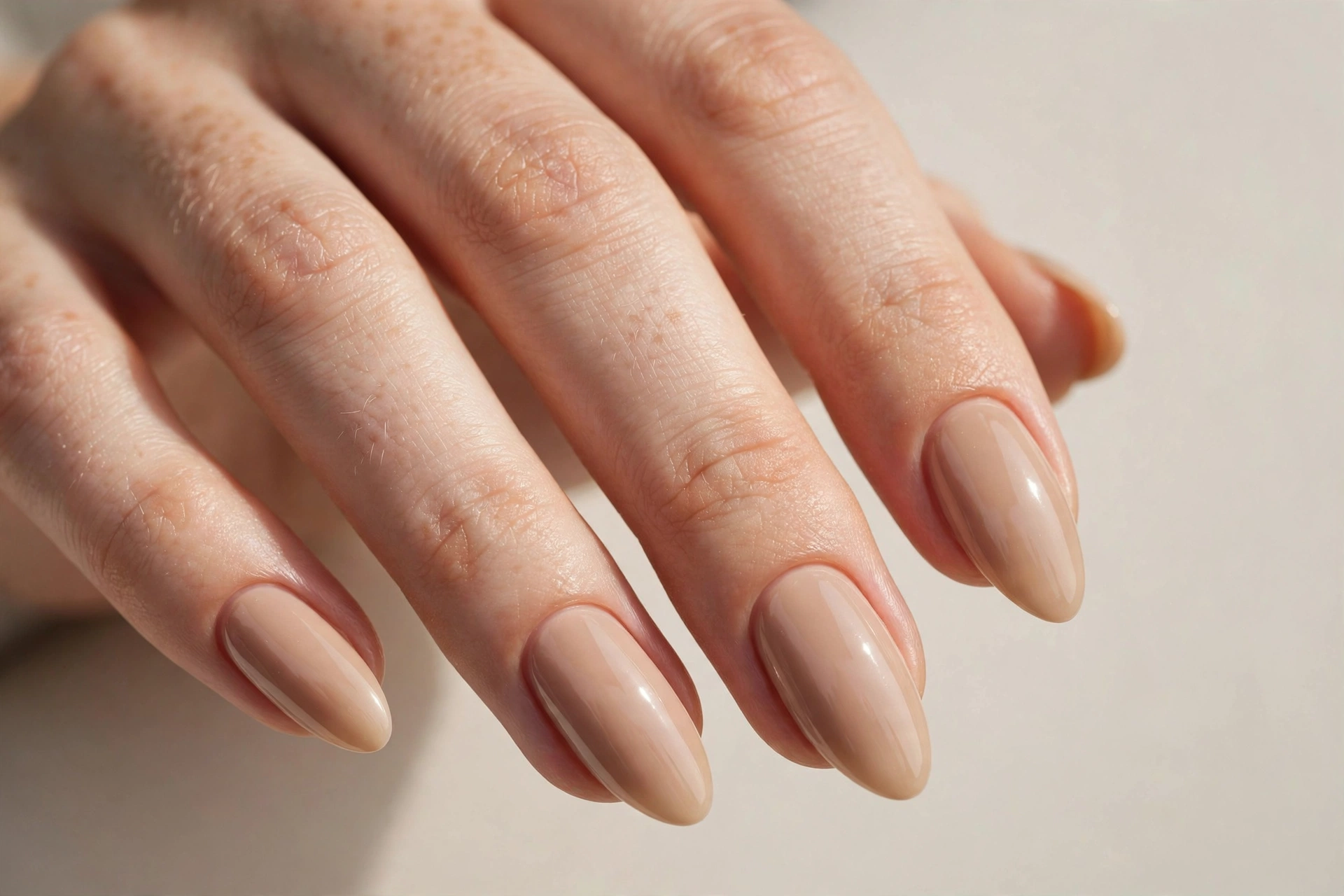 Close-up of a woman's hand with glossy nude beige nails