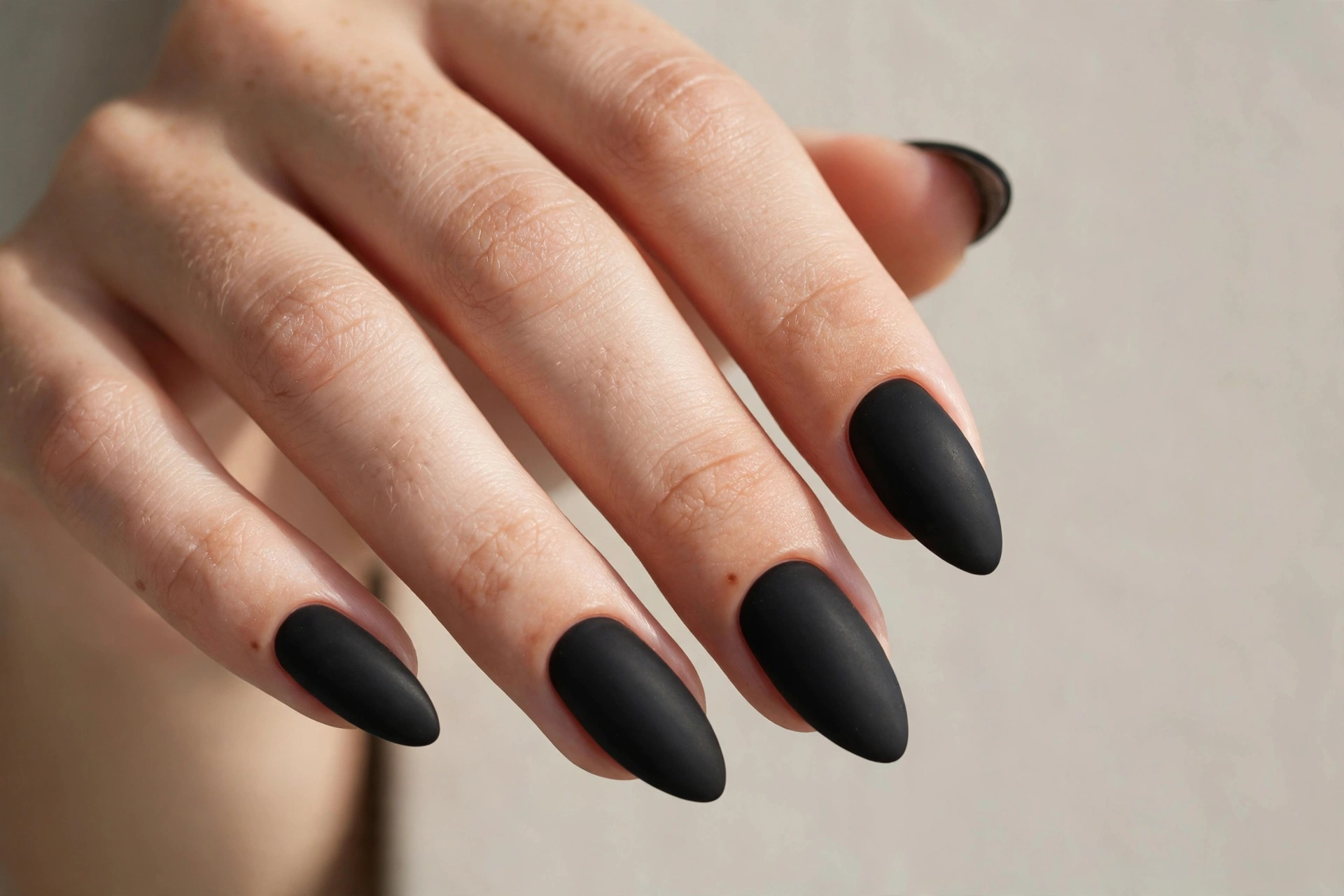 Close-up of a woman's hand with matte black nails