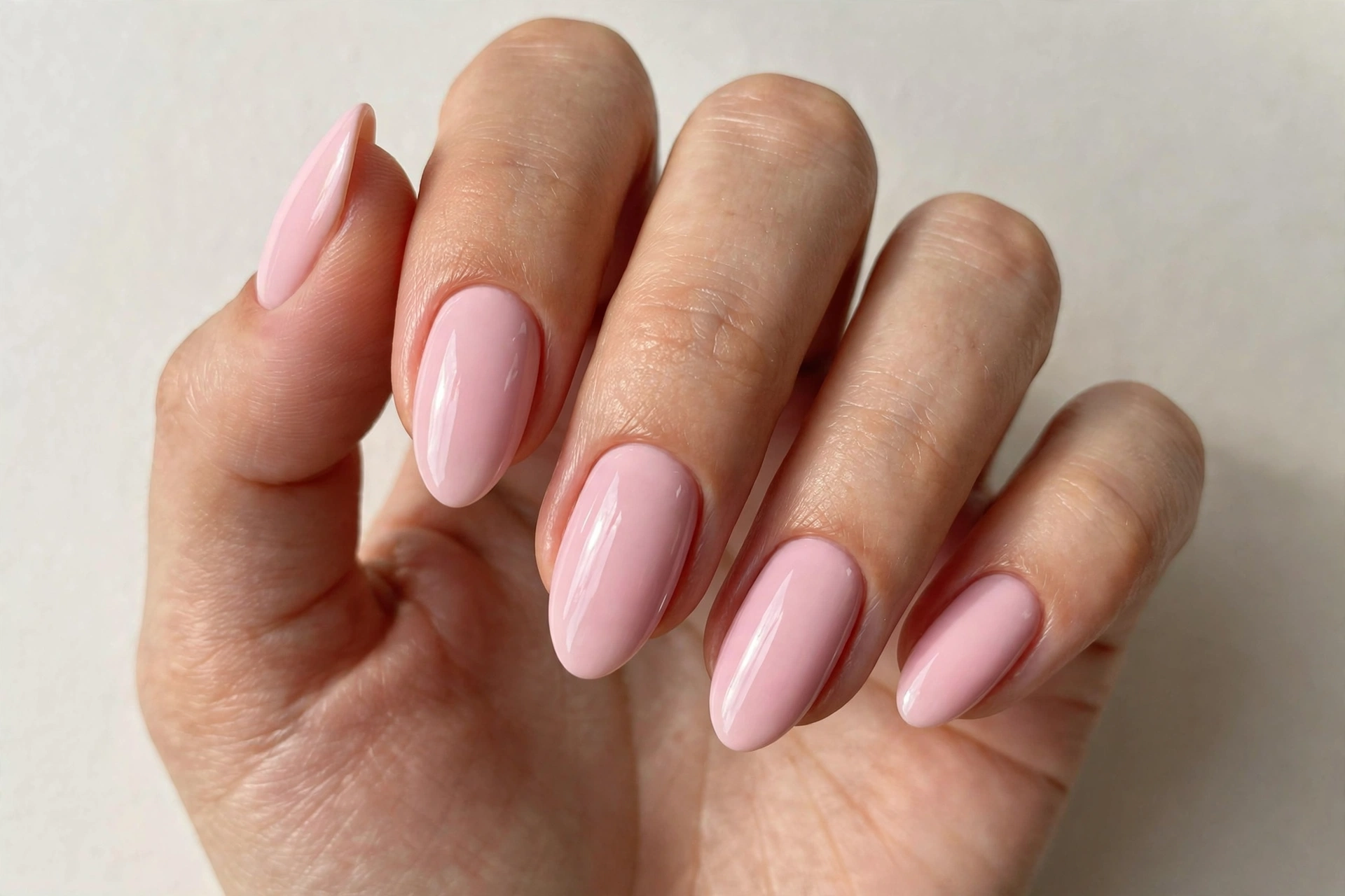 Close-up of a woman's hand with baby pink glossy nails