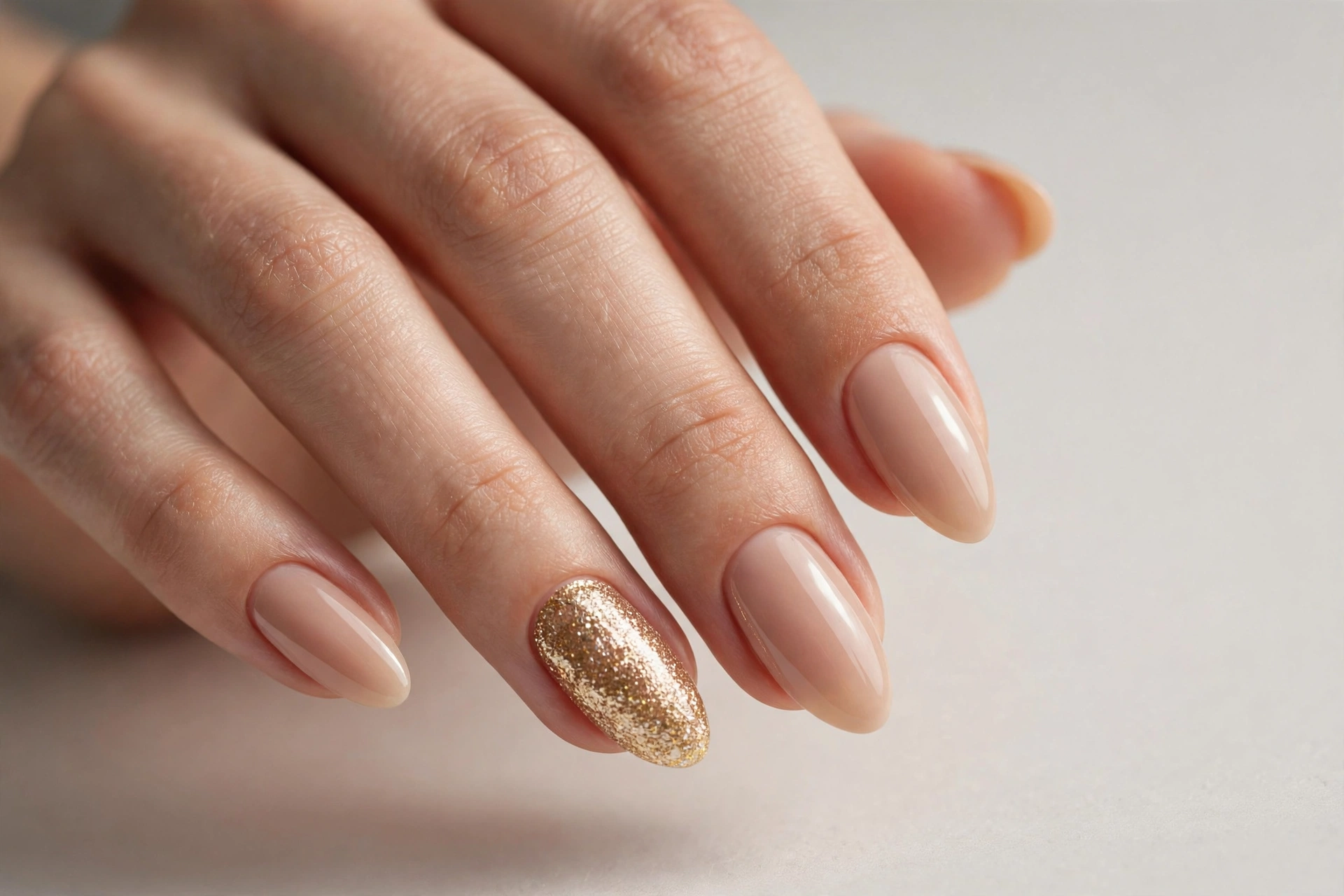 Close-up of a woman's hand with gold glitter accent nails on a nude base