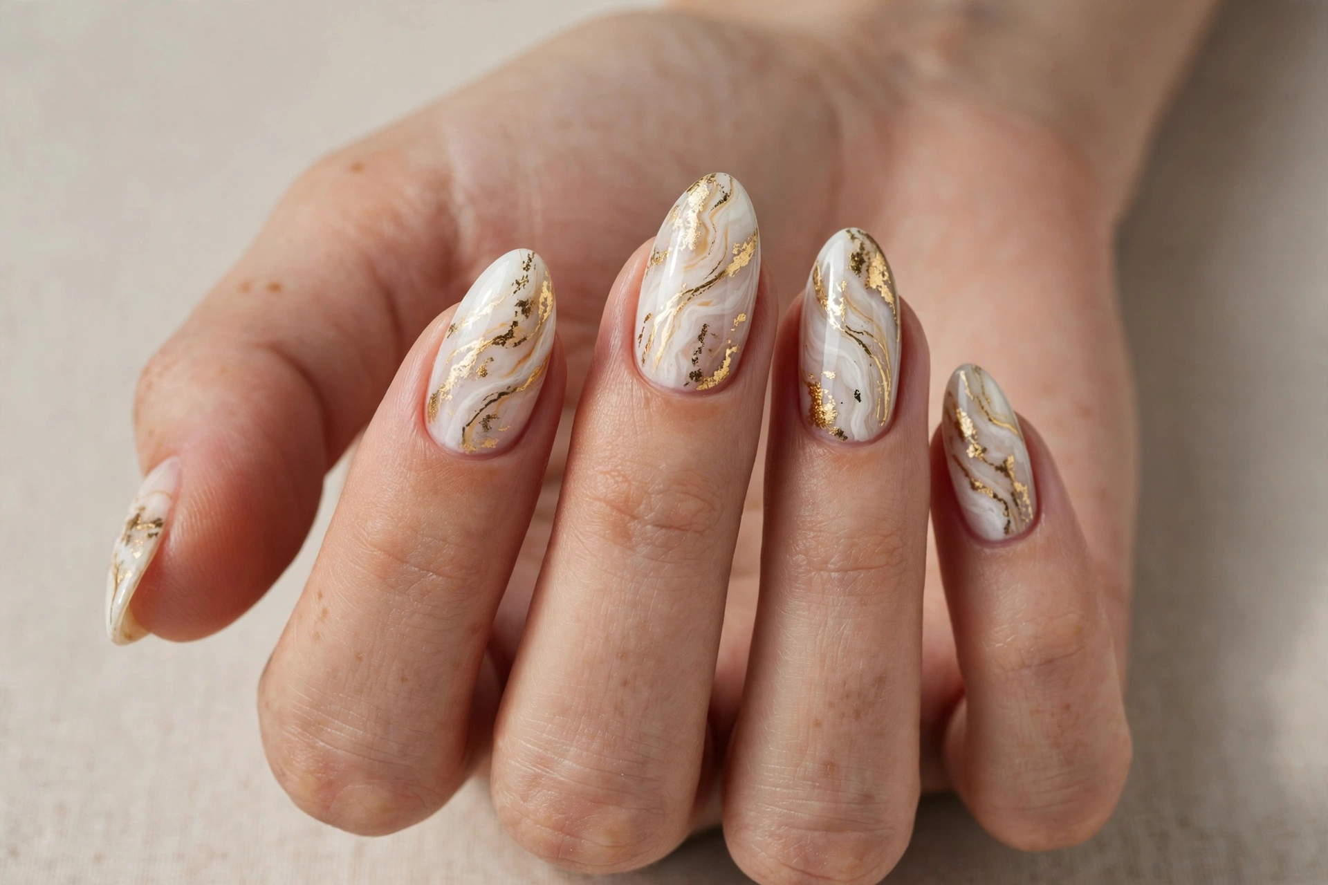 Close-up of a woman's hand with white and gold marble effect nails