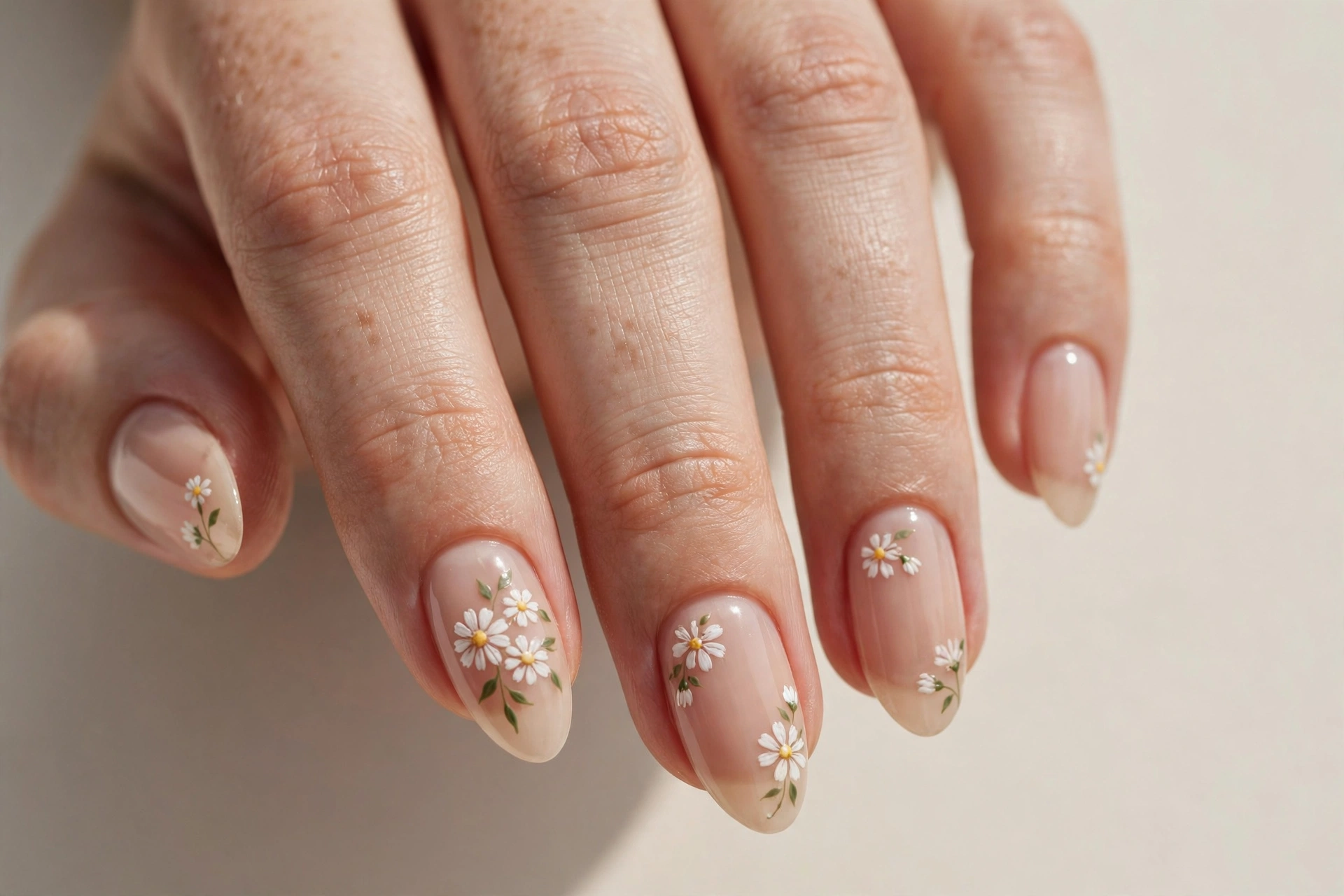 Close-up of a woman's hand with white daisy floral nail art on a nude base