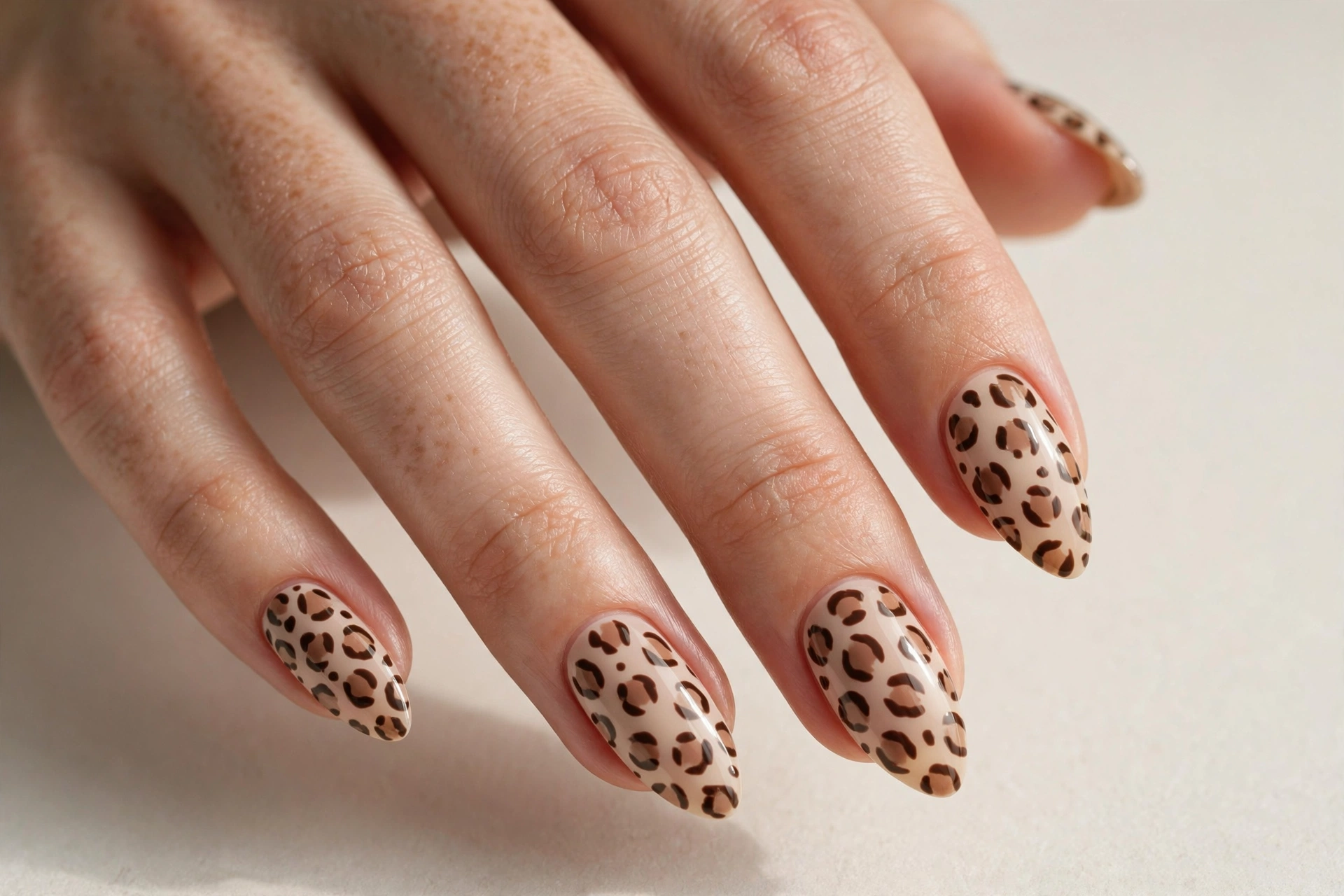 Close-up of a woman's hand with leopard print nail art in brown and beige tones