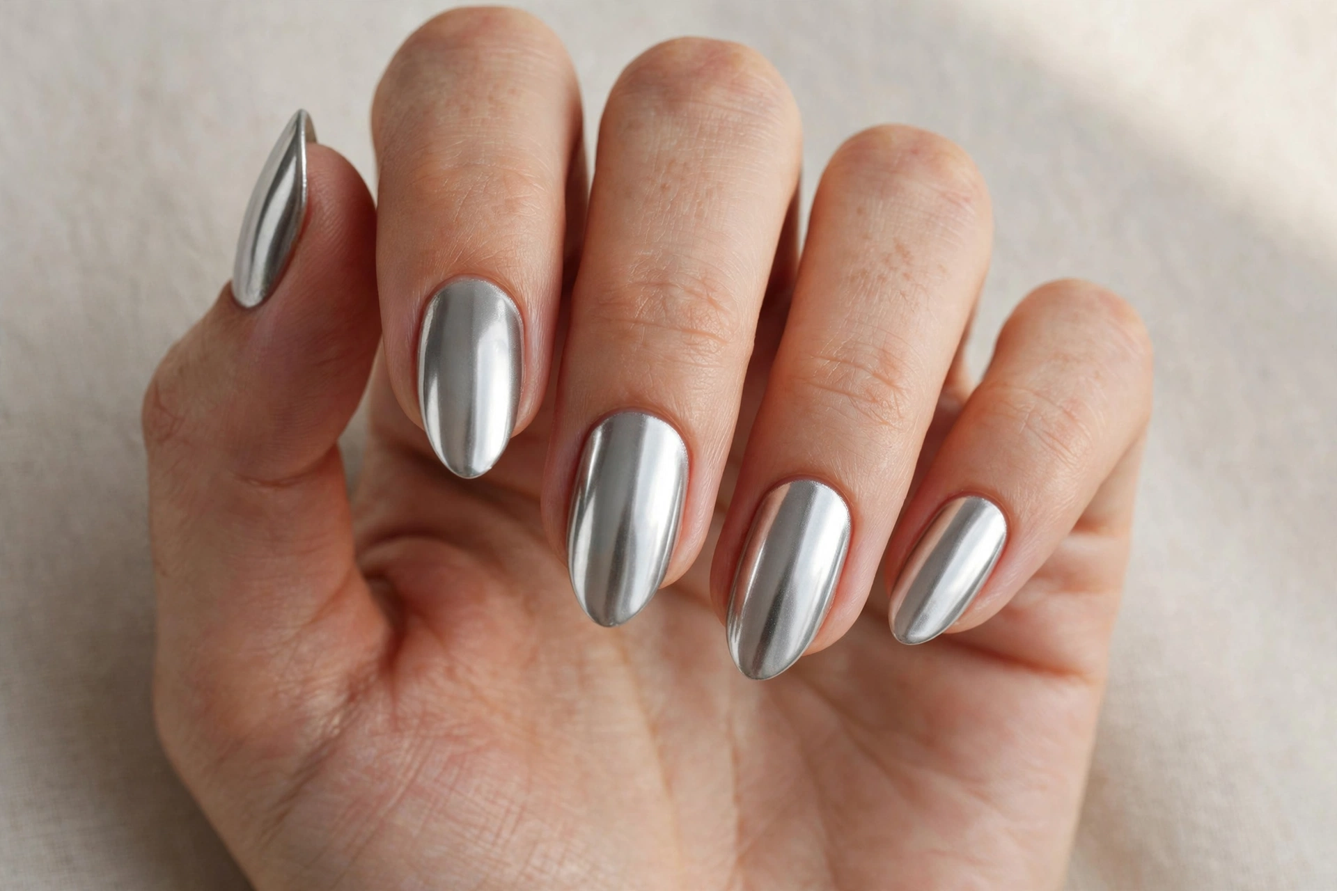Close-up of a woman's hand with silver chrome mirror finish nails