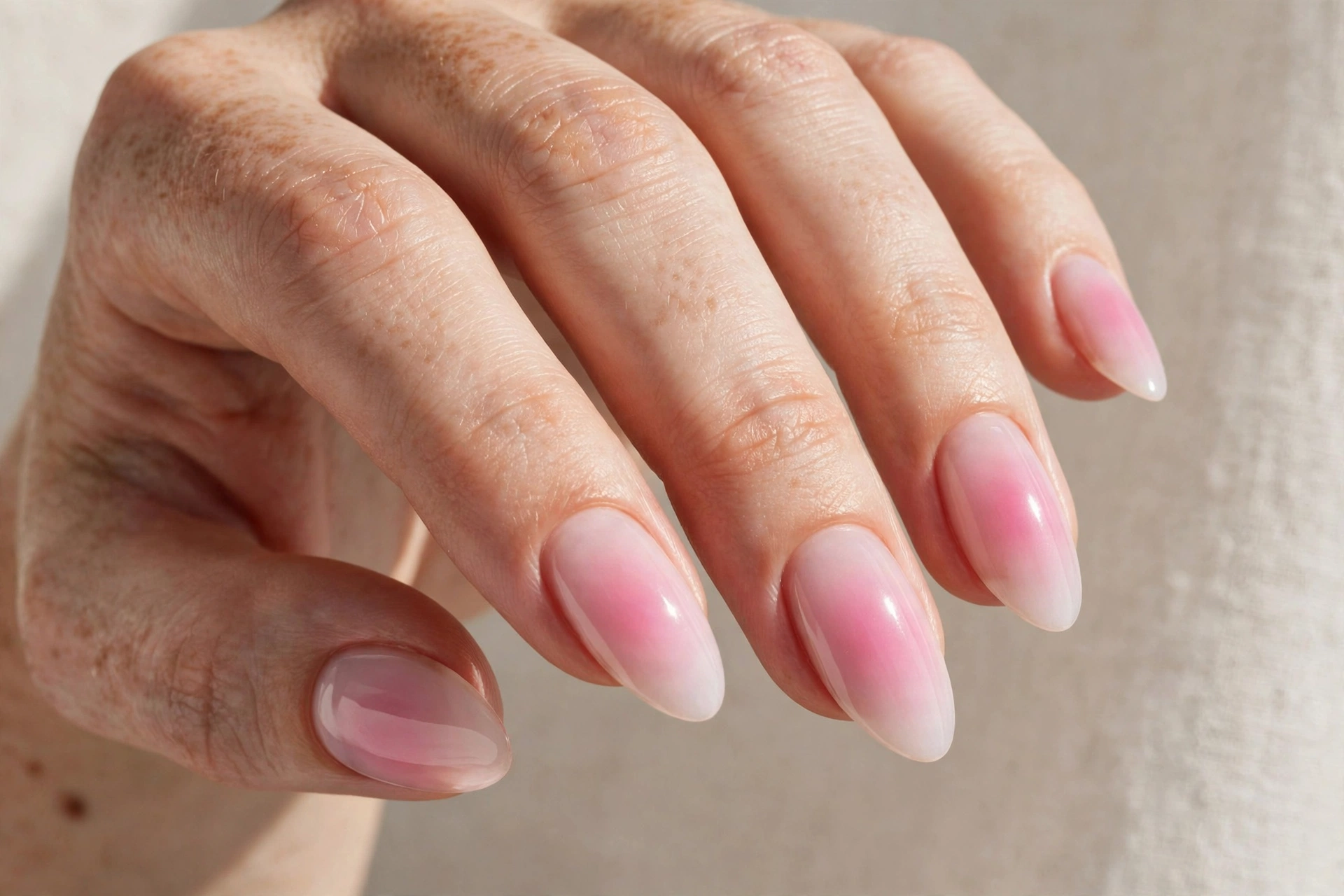 Close-up of a woman's hand with pink aura blush gradient nails