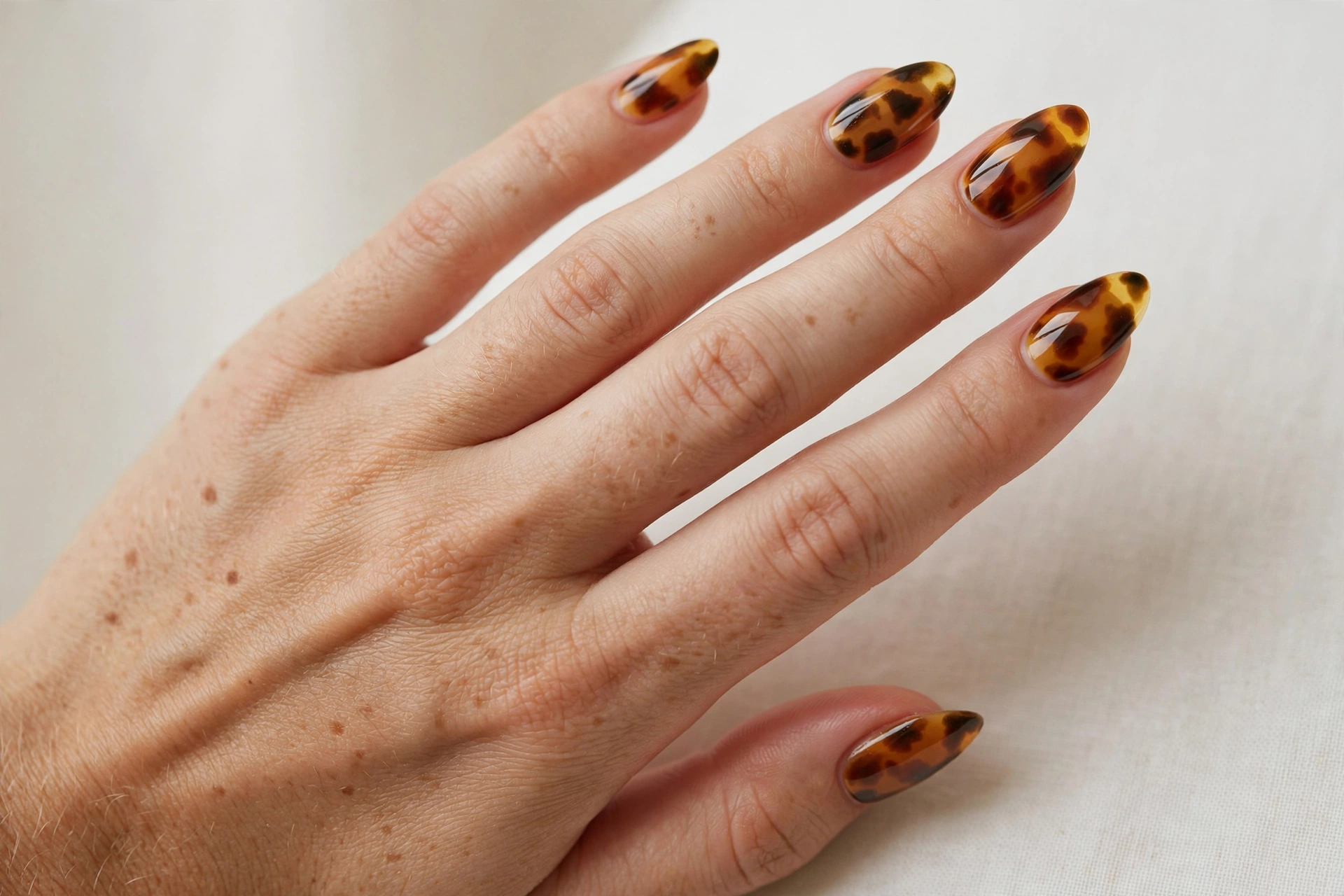 Close-up of a woman's hand with tortoise shell pattern nail art in amber and brown tones
