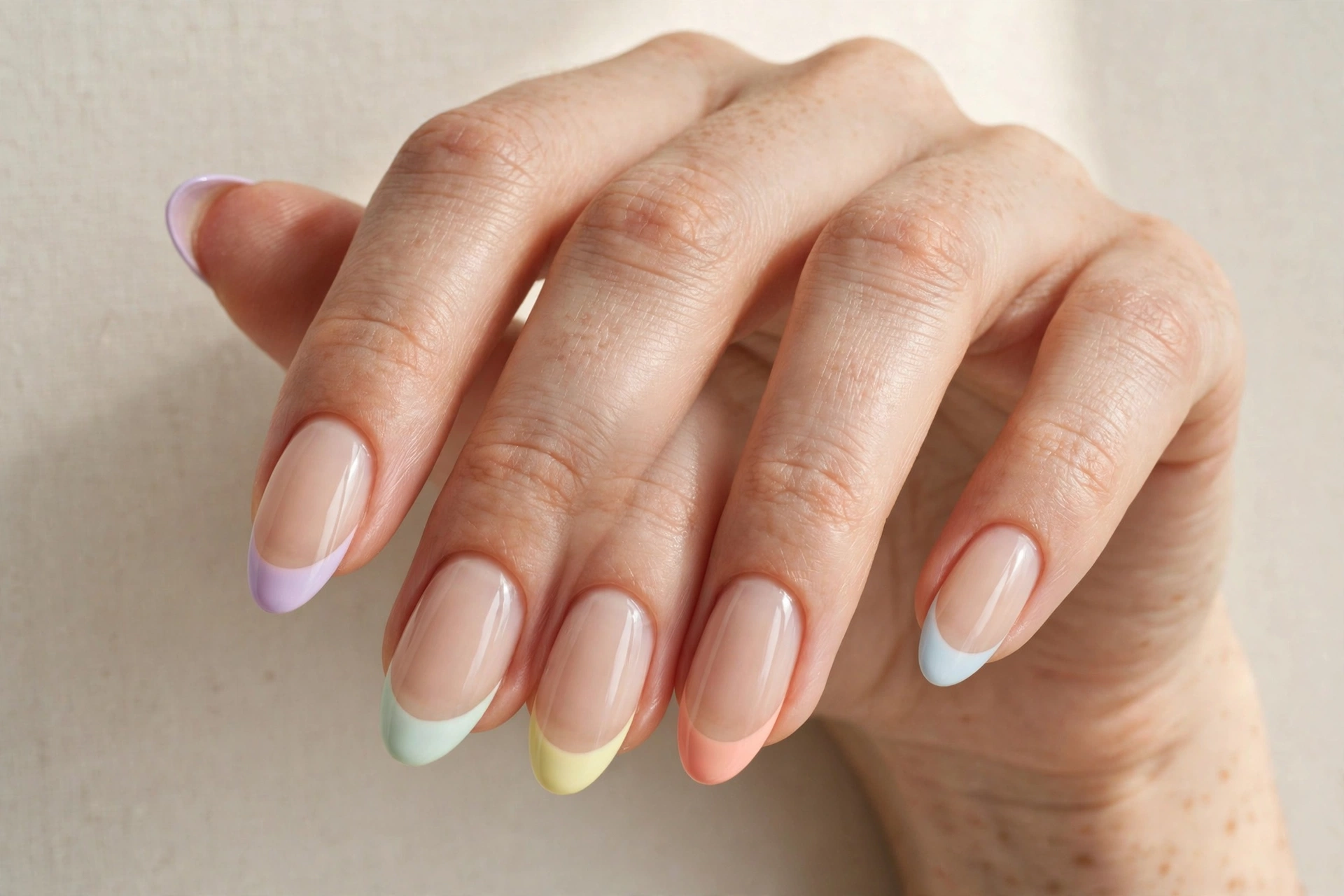 Close-up of a woman's hand with colorful pastel French tip nails on a nude base