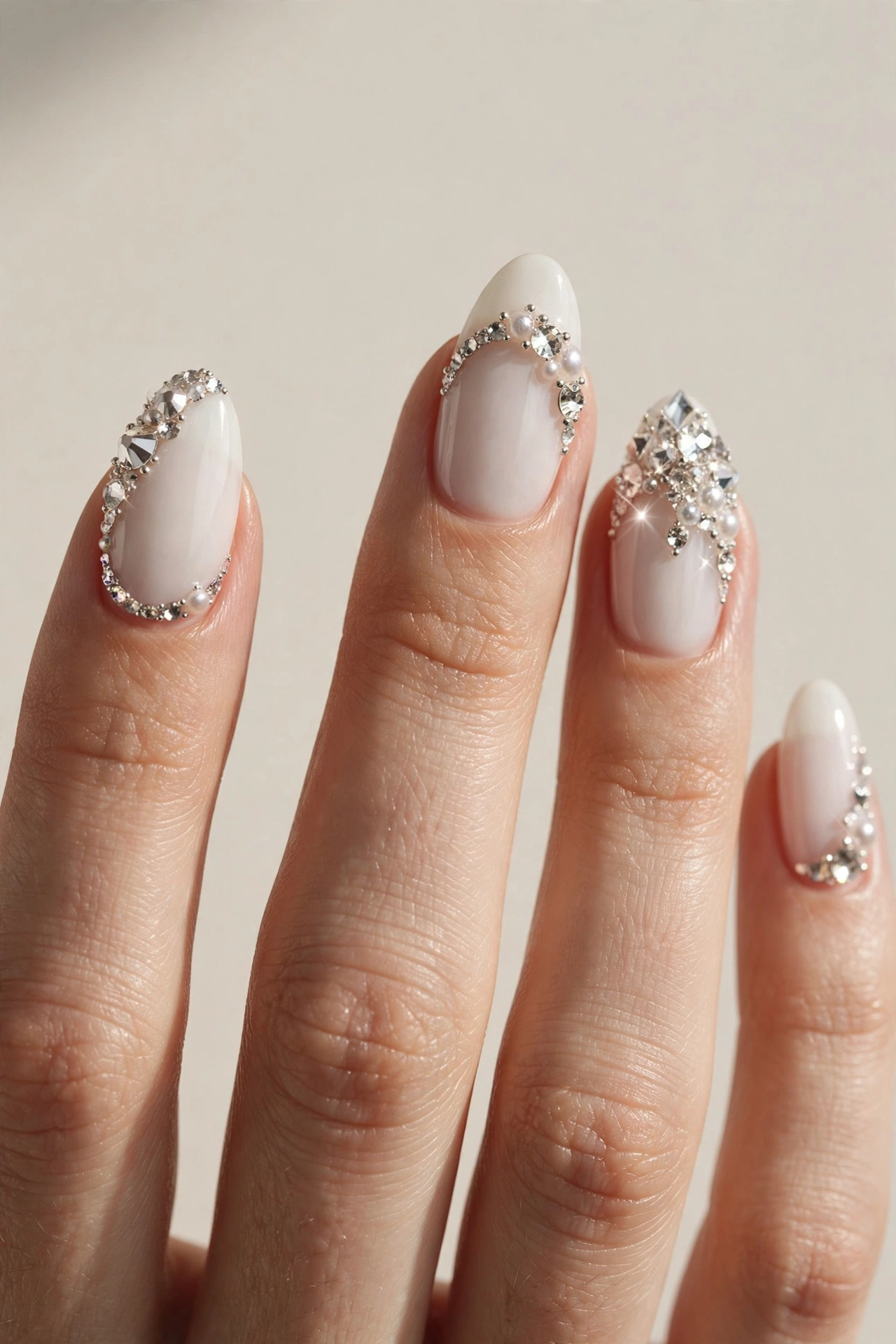 Close-up of a woman's hand with rhinestone embellished nails on a milky white base