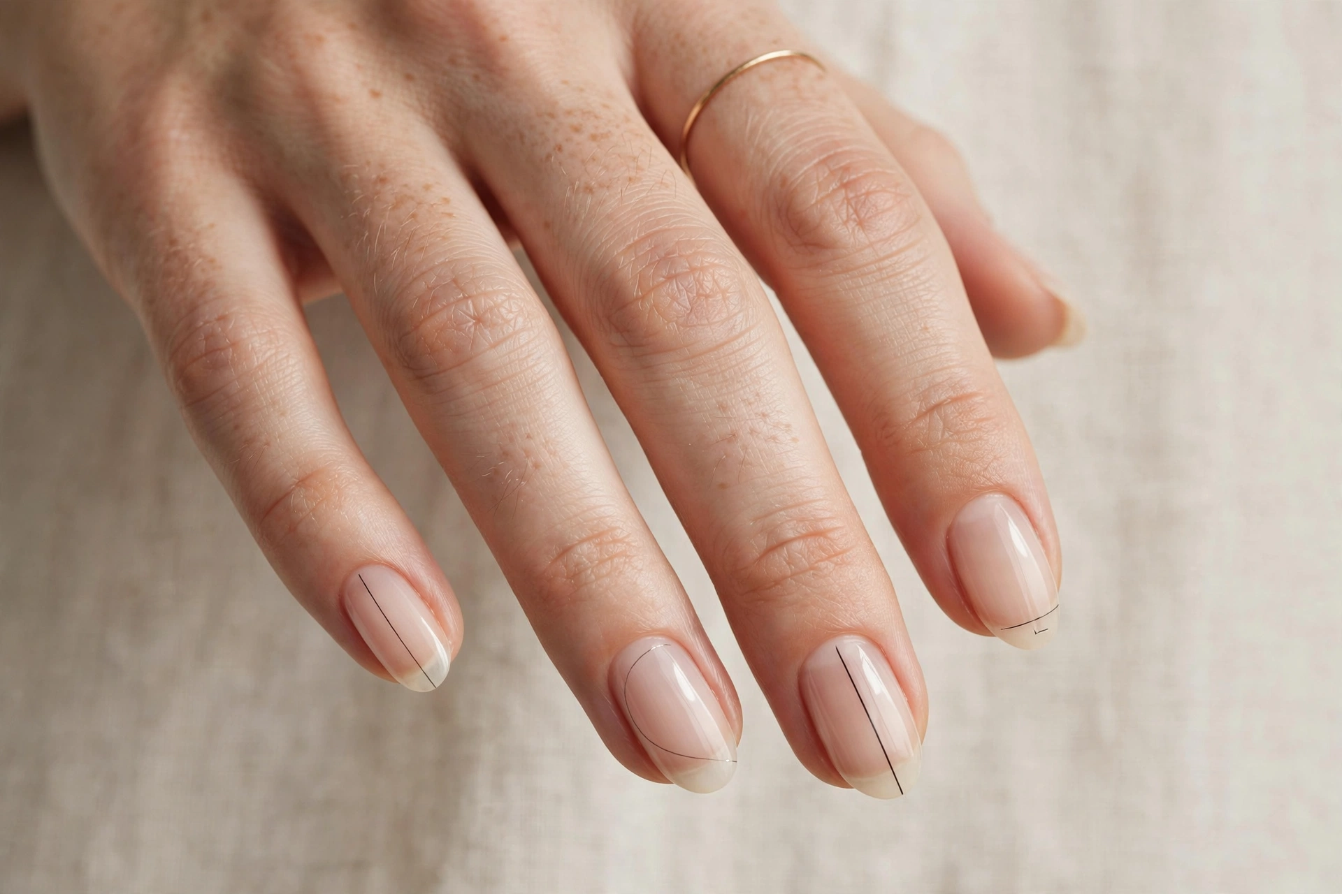 Close-up of a woman's hand with minimalist thin line nail art on a sheer nude base