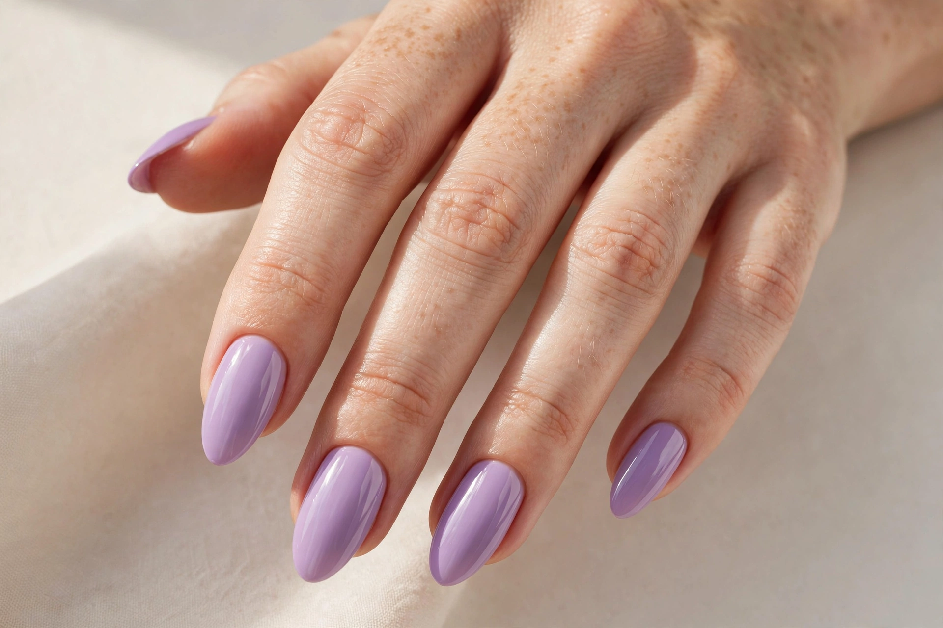 Close-up of a woman's hand with soft lilac purple glossy nails