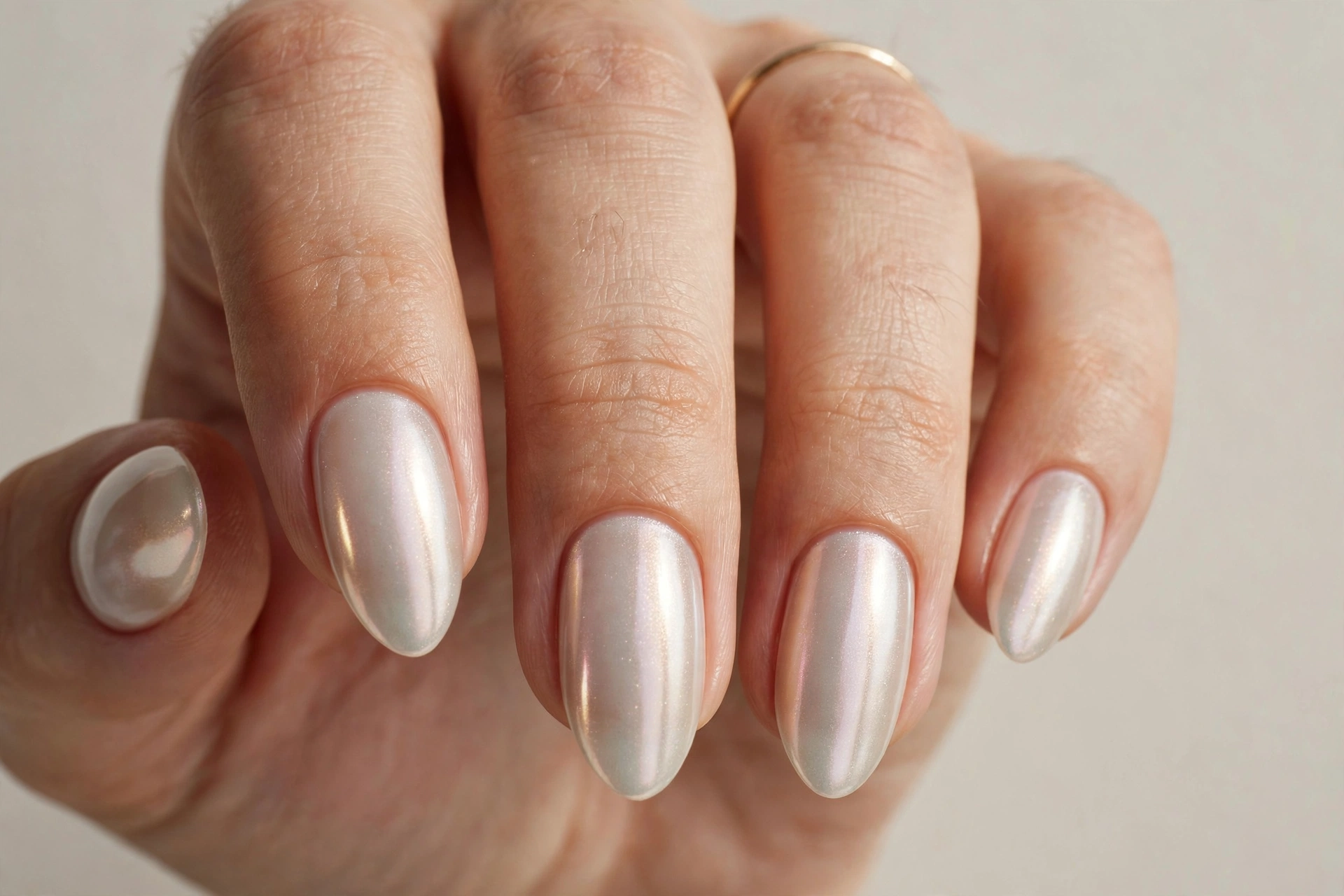 Almond-shaped nails with pearly chrome glazed donut manicure shimmering in soft light
