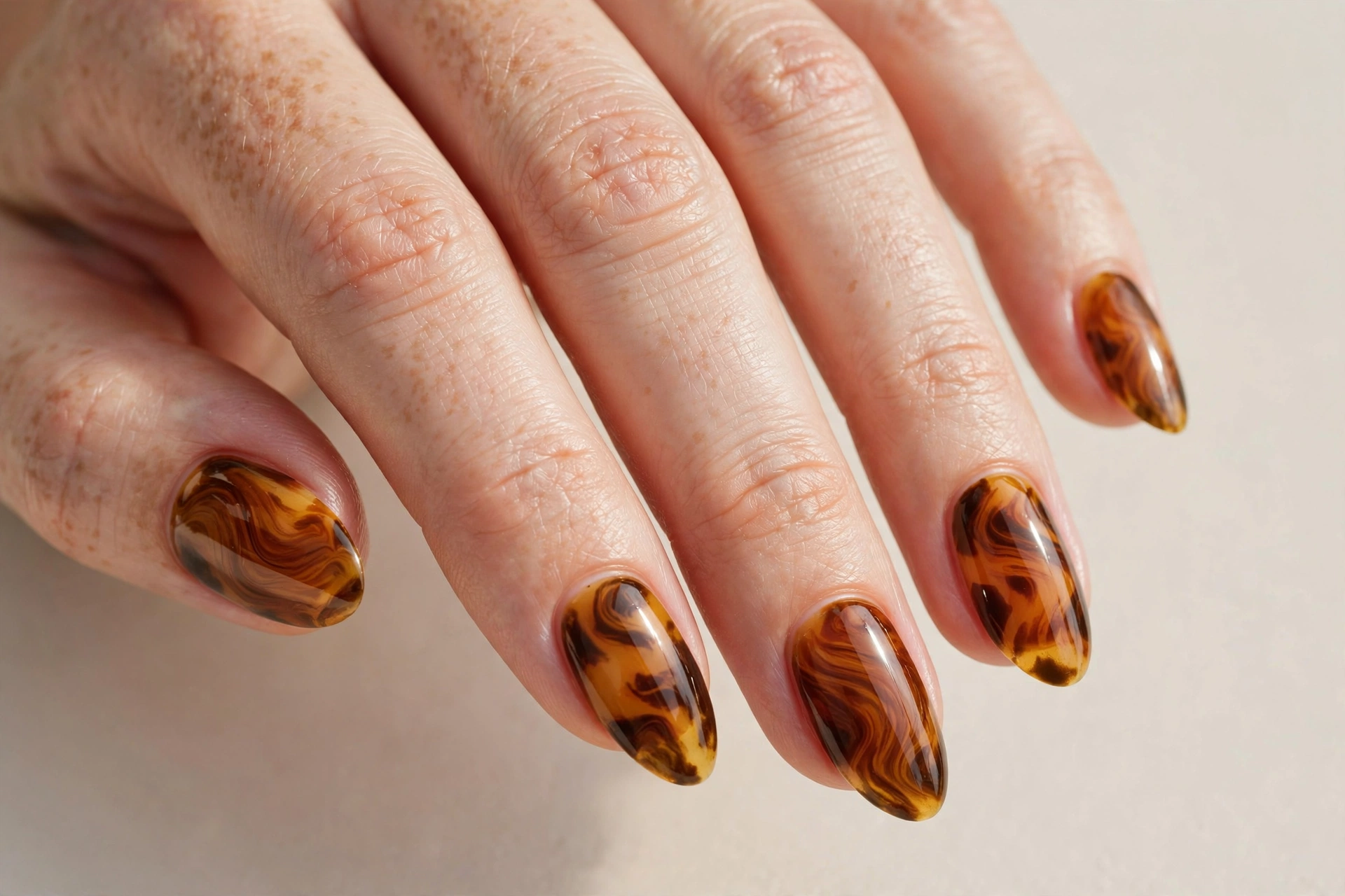 Tortoiseshell nail art with warm amber and brown swirls on almond nails
