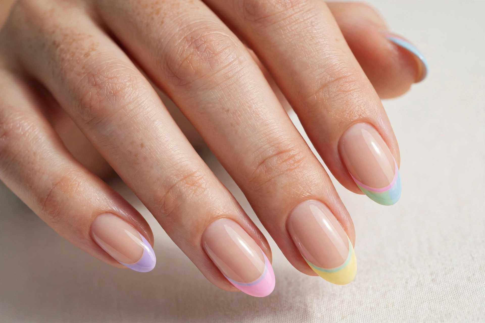 French tip manicure with pastel rainbow tips on a nude base