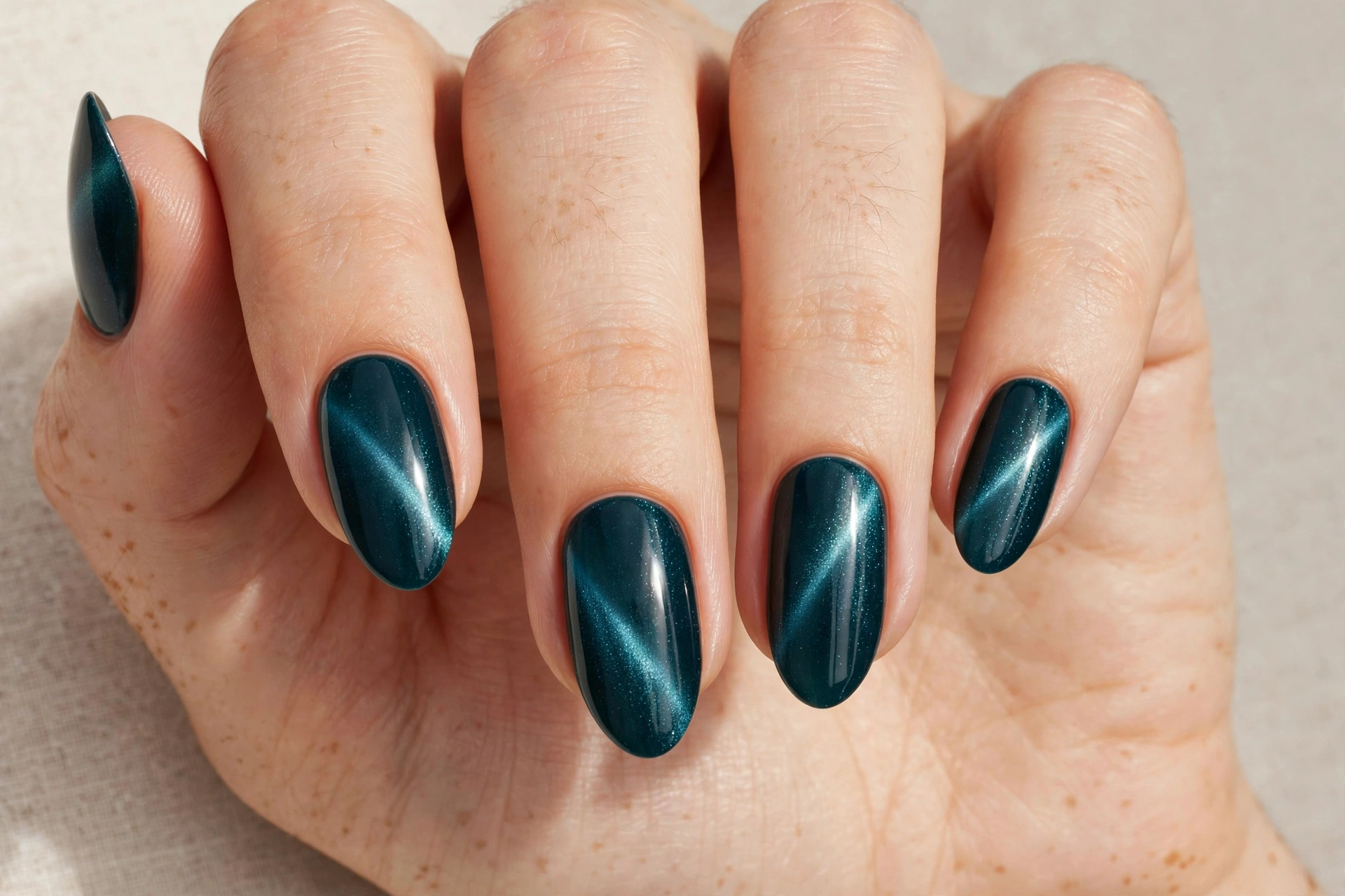 Teal cat-eye magnetic nails with light-catching shimmer streaks