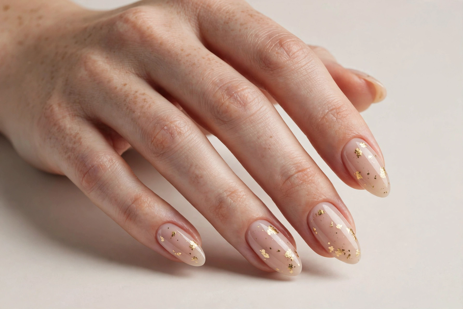 Minimalist nude nails decorated with delicate gold foil flakes