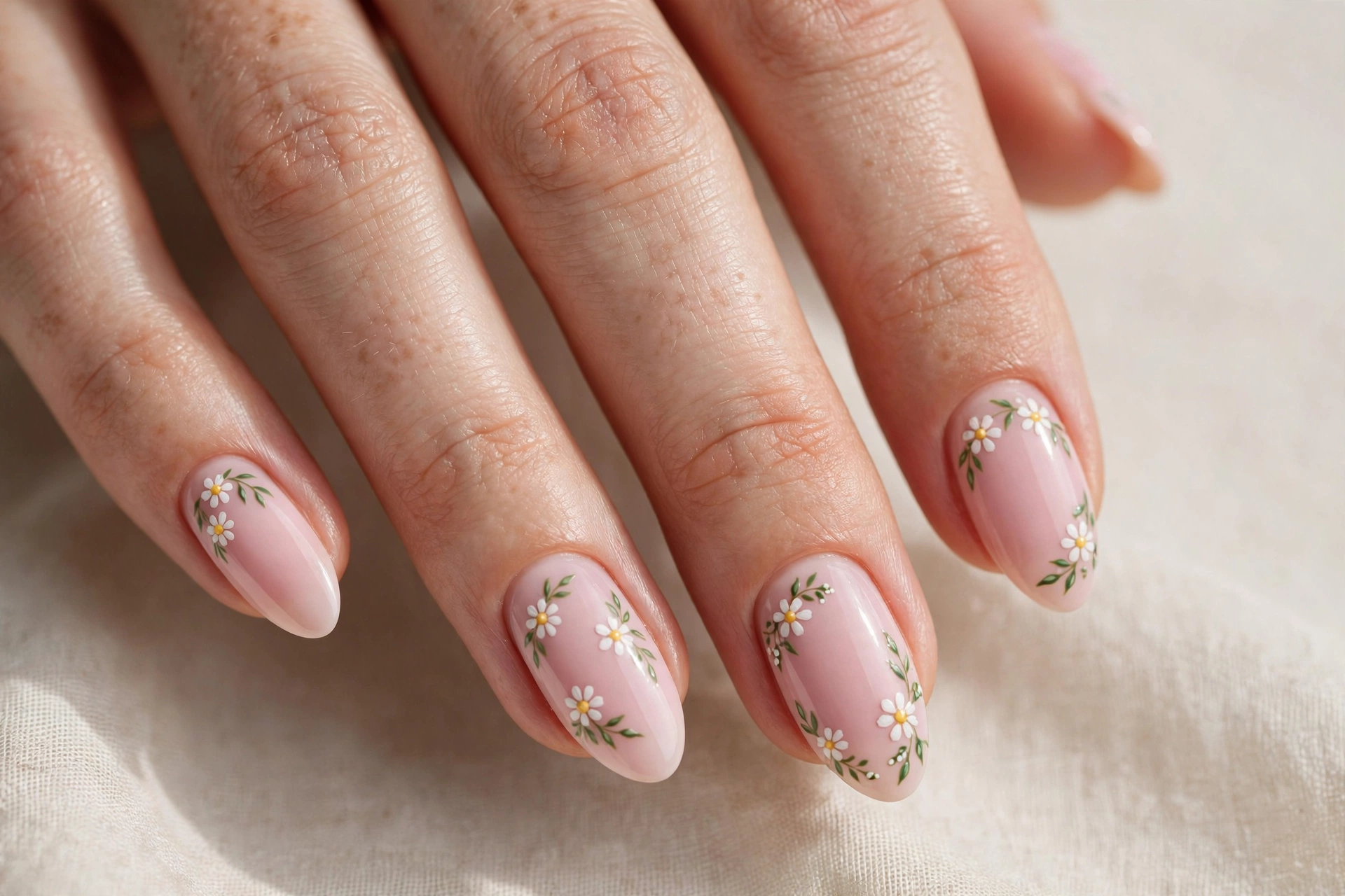 Hand-painted white daisies on soft pink almond nails