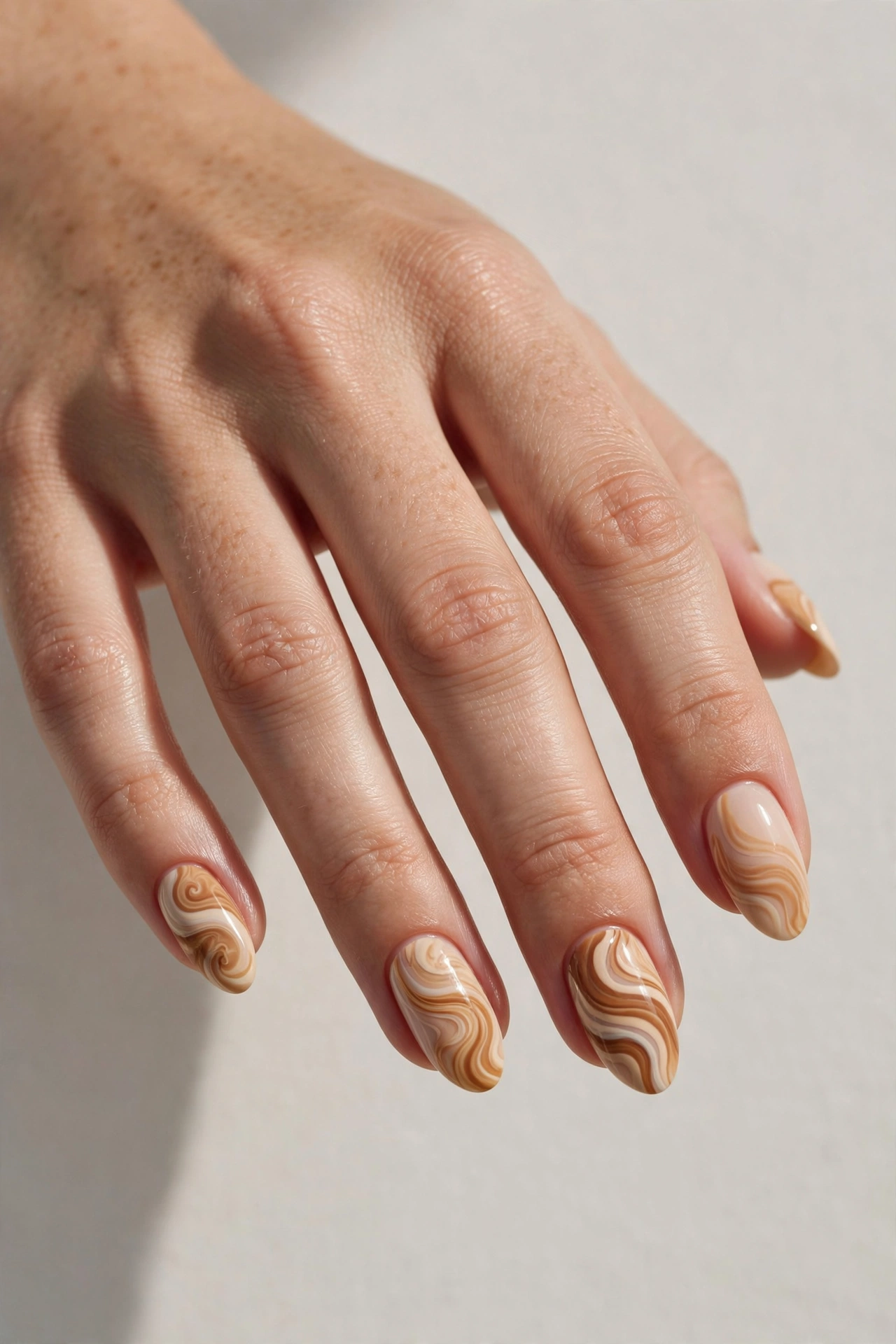 Abstract beige and caramel swirl nail art on almond nails