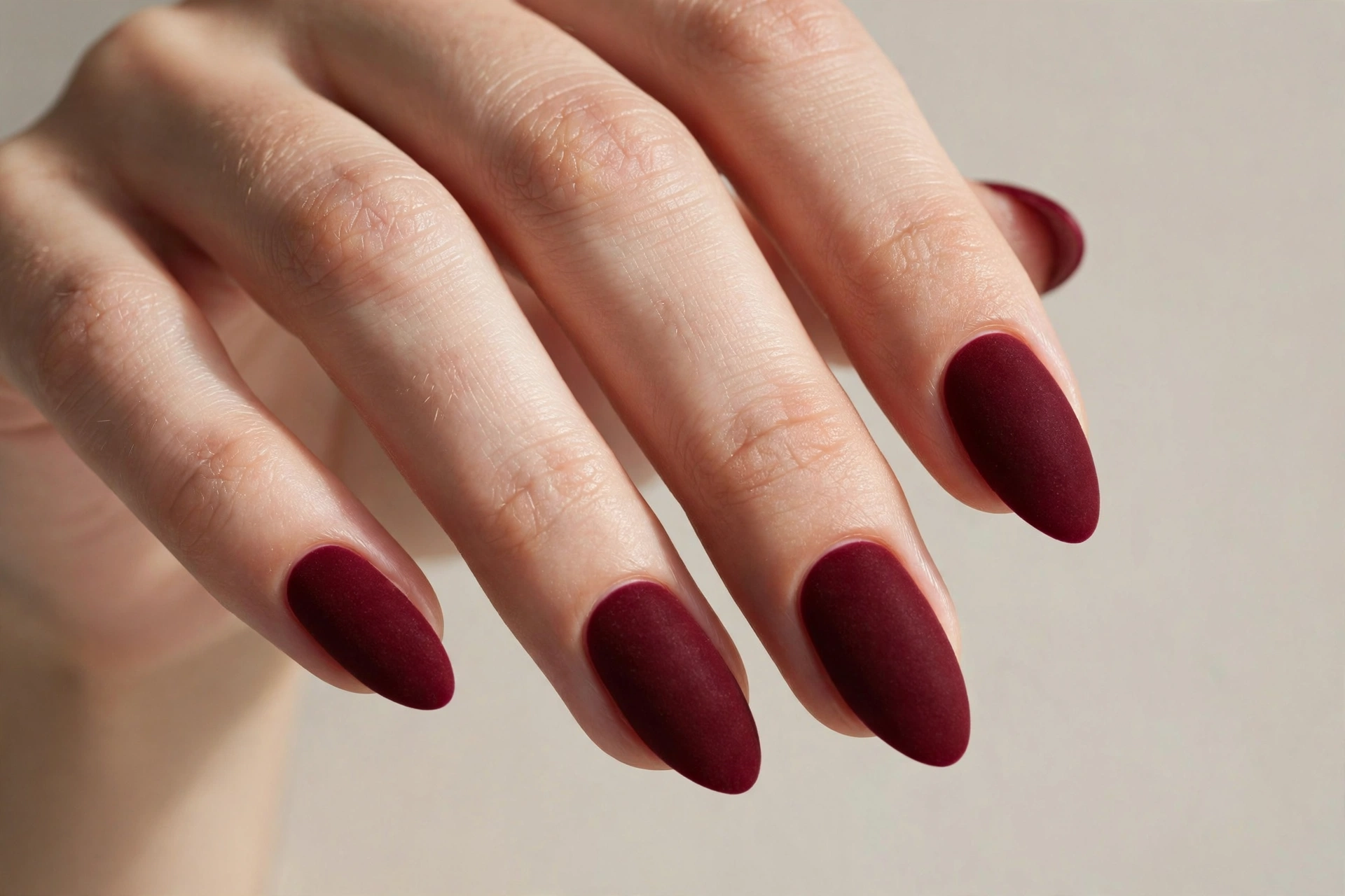 Deep red velvet matte nails with a soft-touch finish