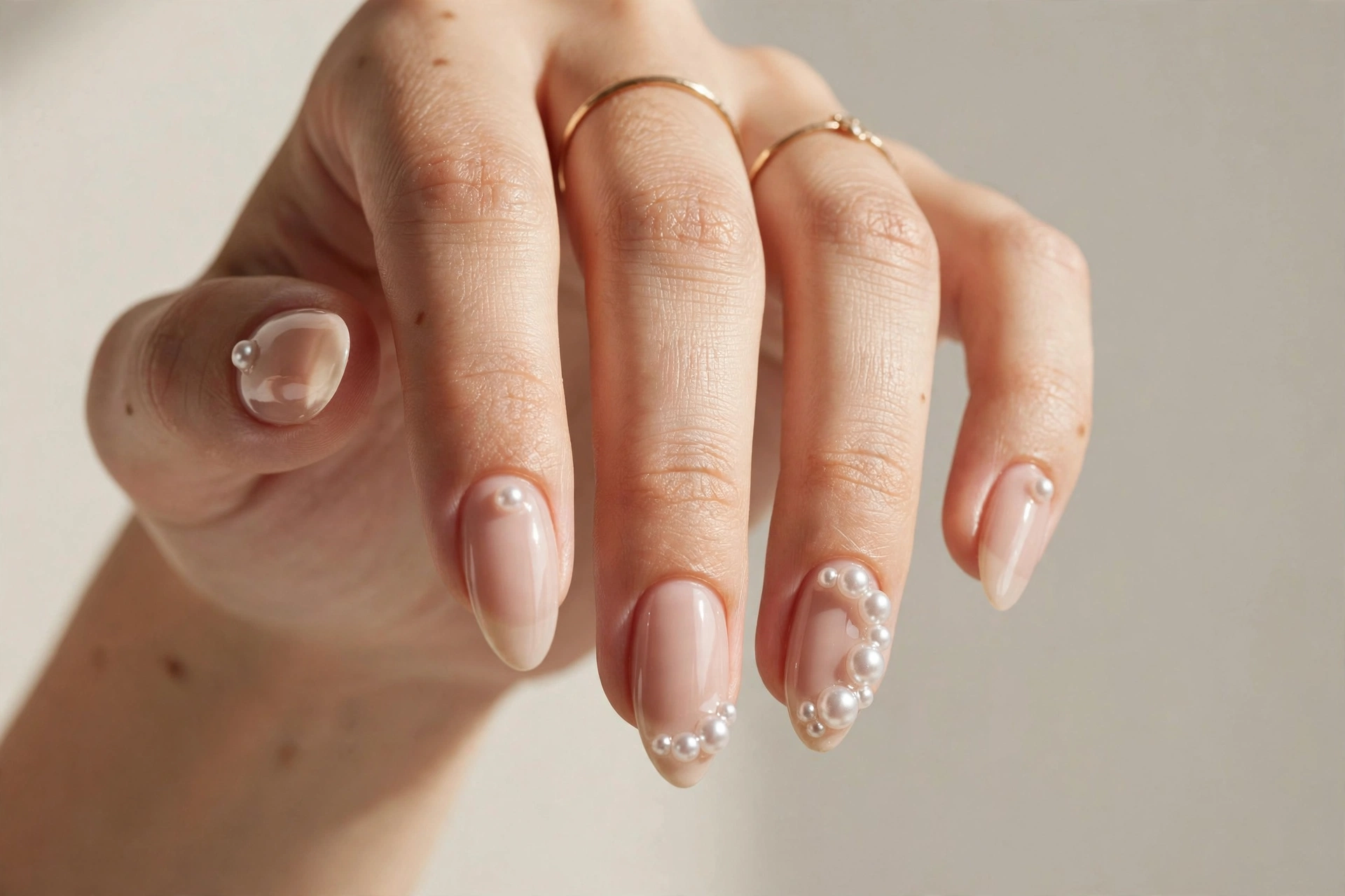 Nude nails with small pearl decorations on accent nails