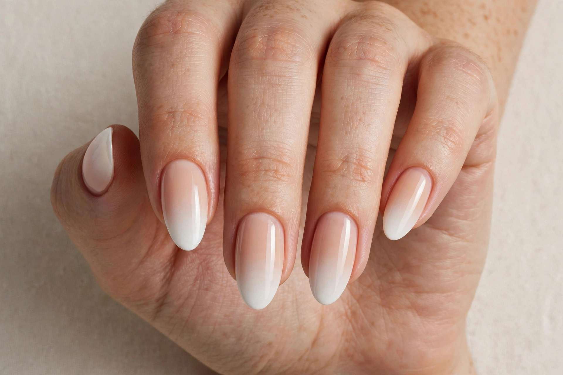 Baby boomer ombre nails fading softly from white to nude