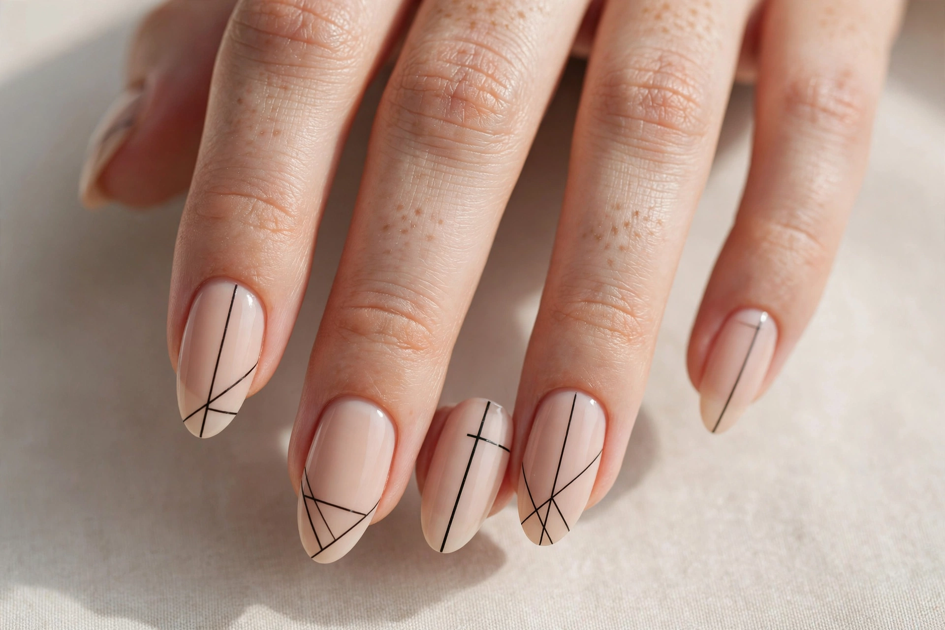 Minimalist nude nails with thin black geometric line art