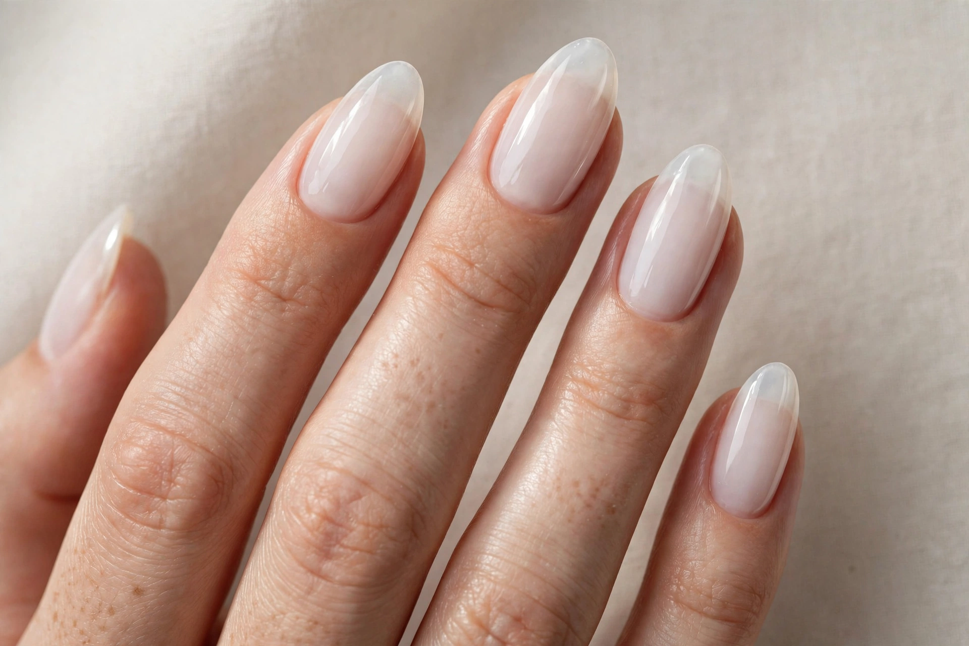 Sheer milky white jelly nails with a translucent glossy finish
