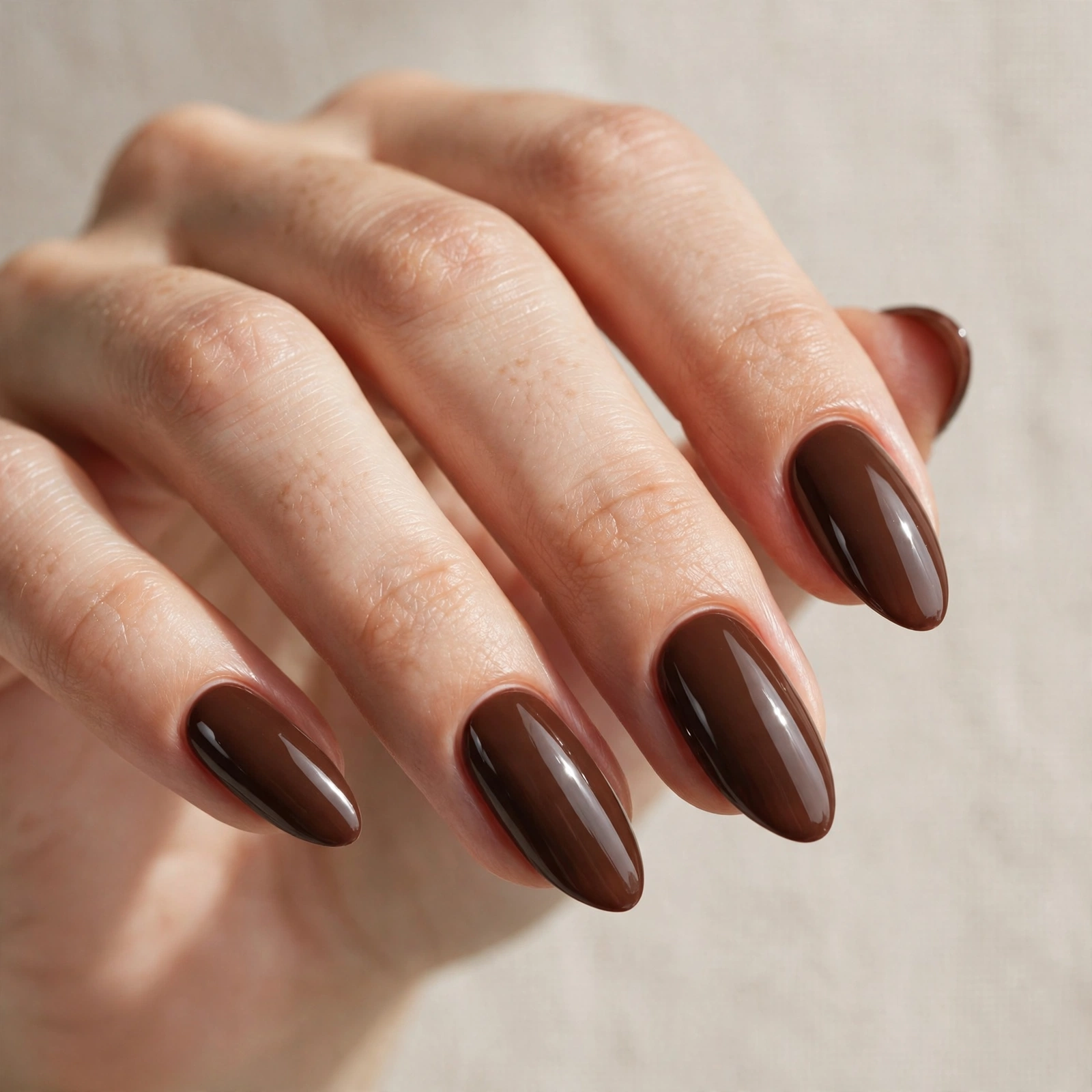 Glossy chocolate brown nails in a rich espresso shade