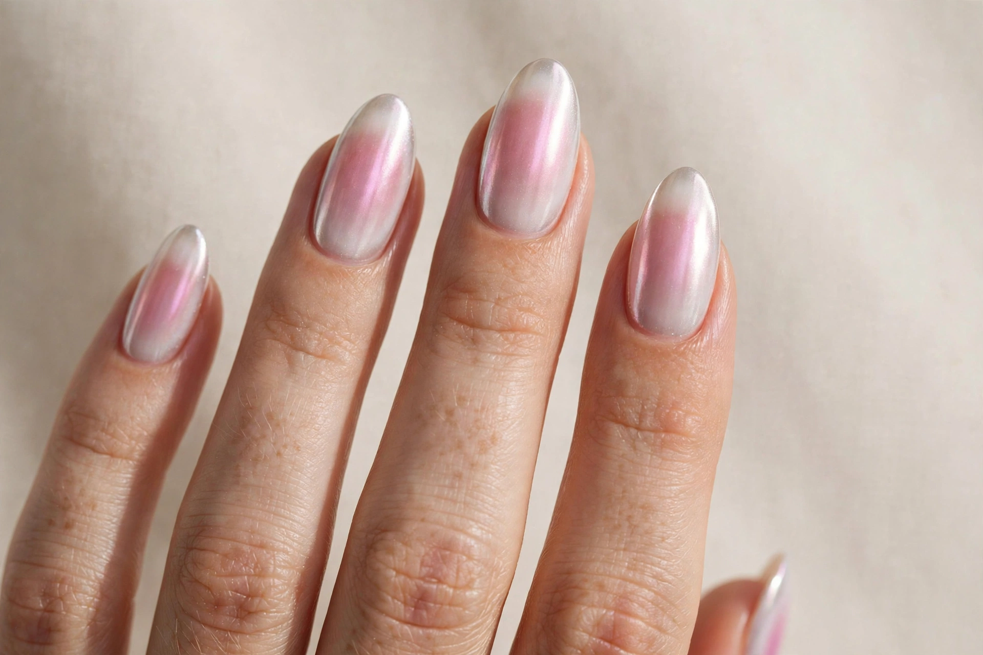 Pink chrome nails with a glowing aura effect and metallic finish
