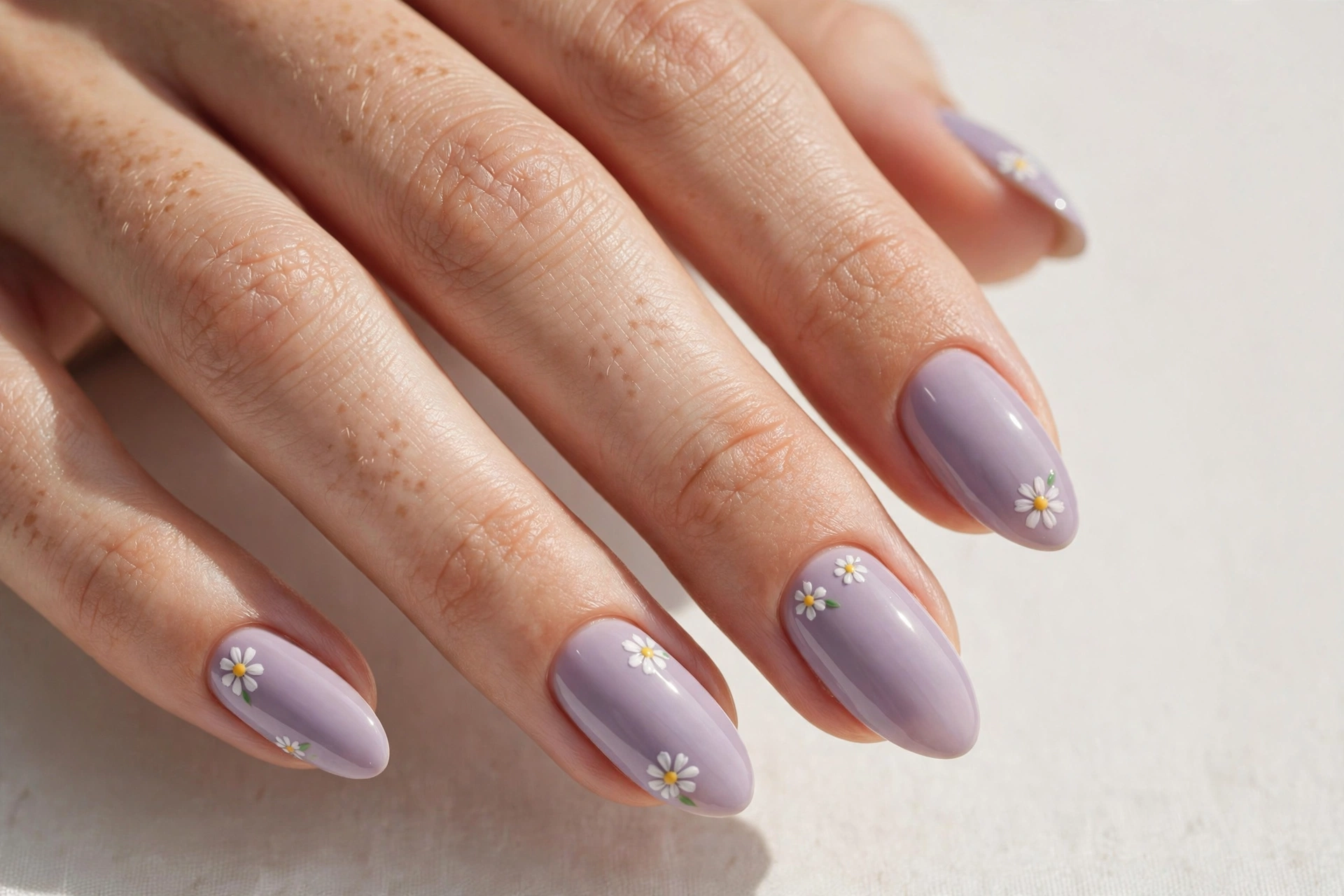 Soft lavender nails with tiny hand-painted daisy flowers