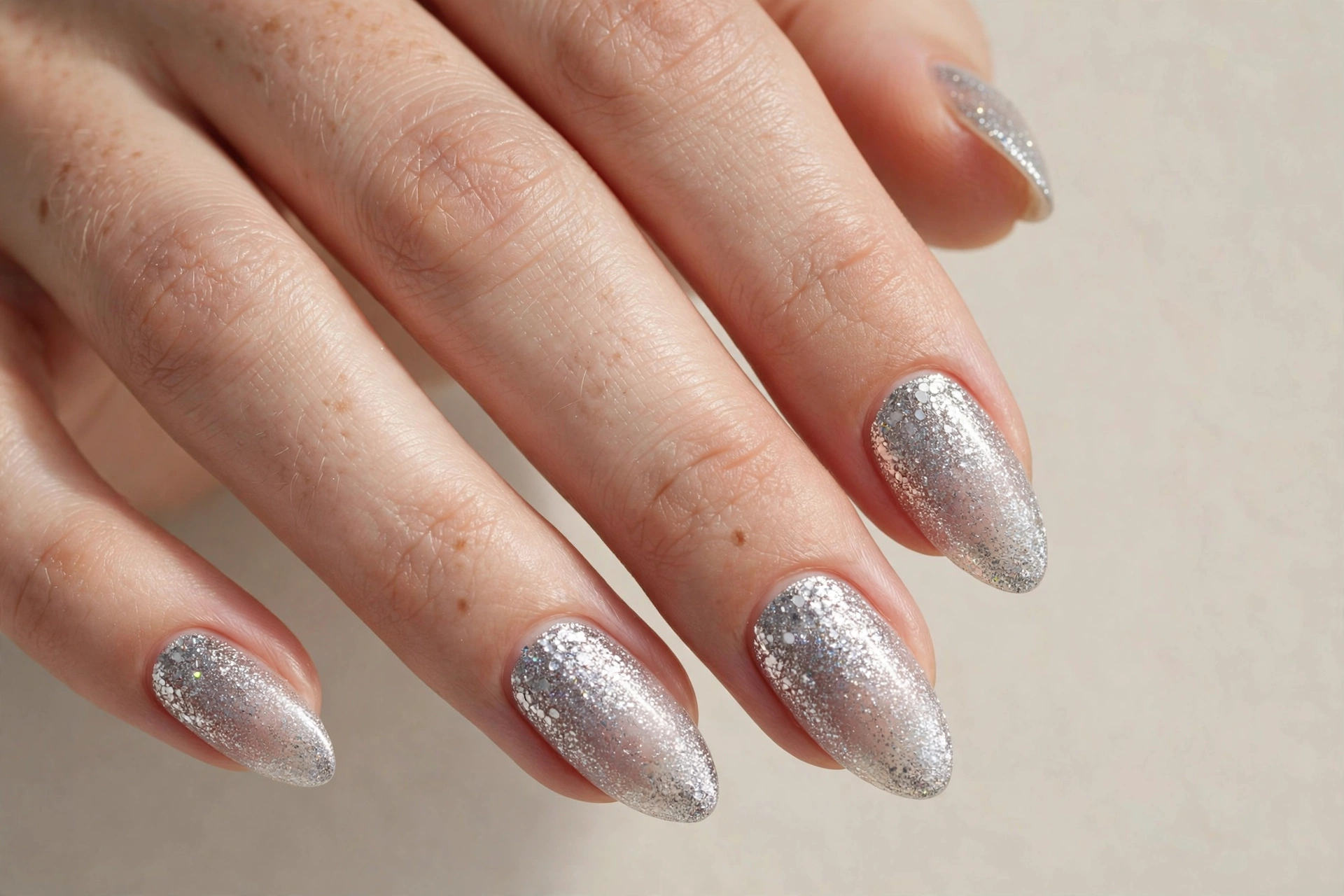 Silver glitter fade nails with a sparkling ombre gradient