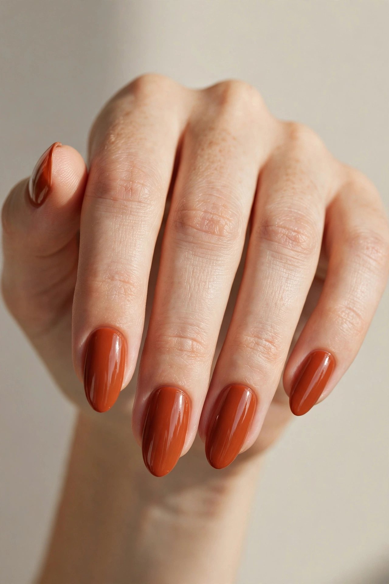 Warm terracotta rust-orange glossy nails