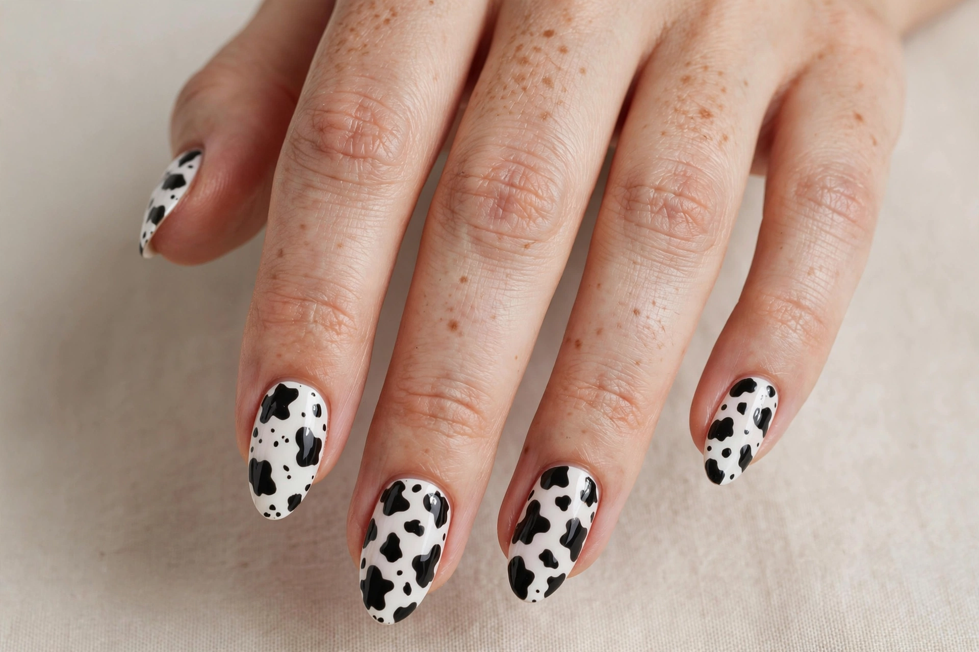 Playful black and white cow print nail art on almond nails